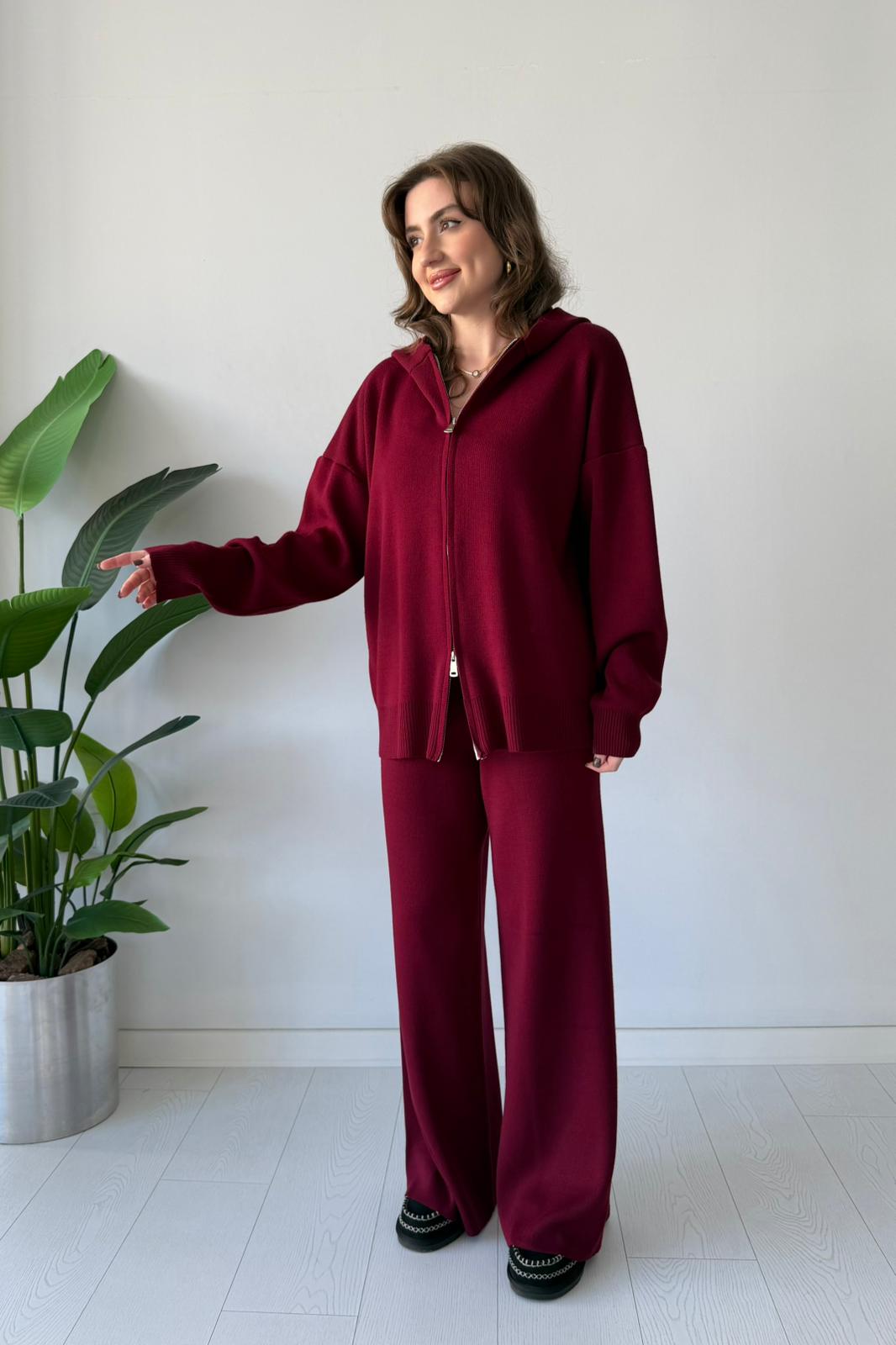 Çift Fermuarlı Triko Takım - Bordo