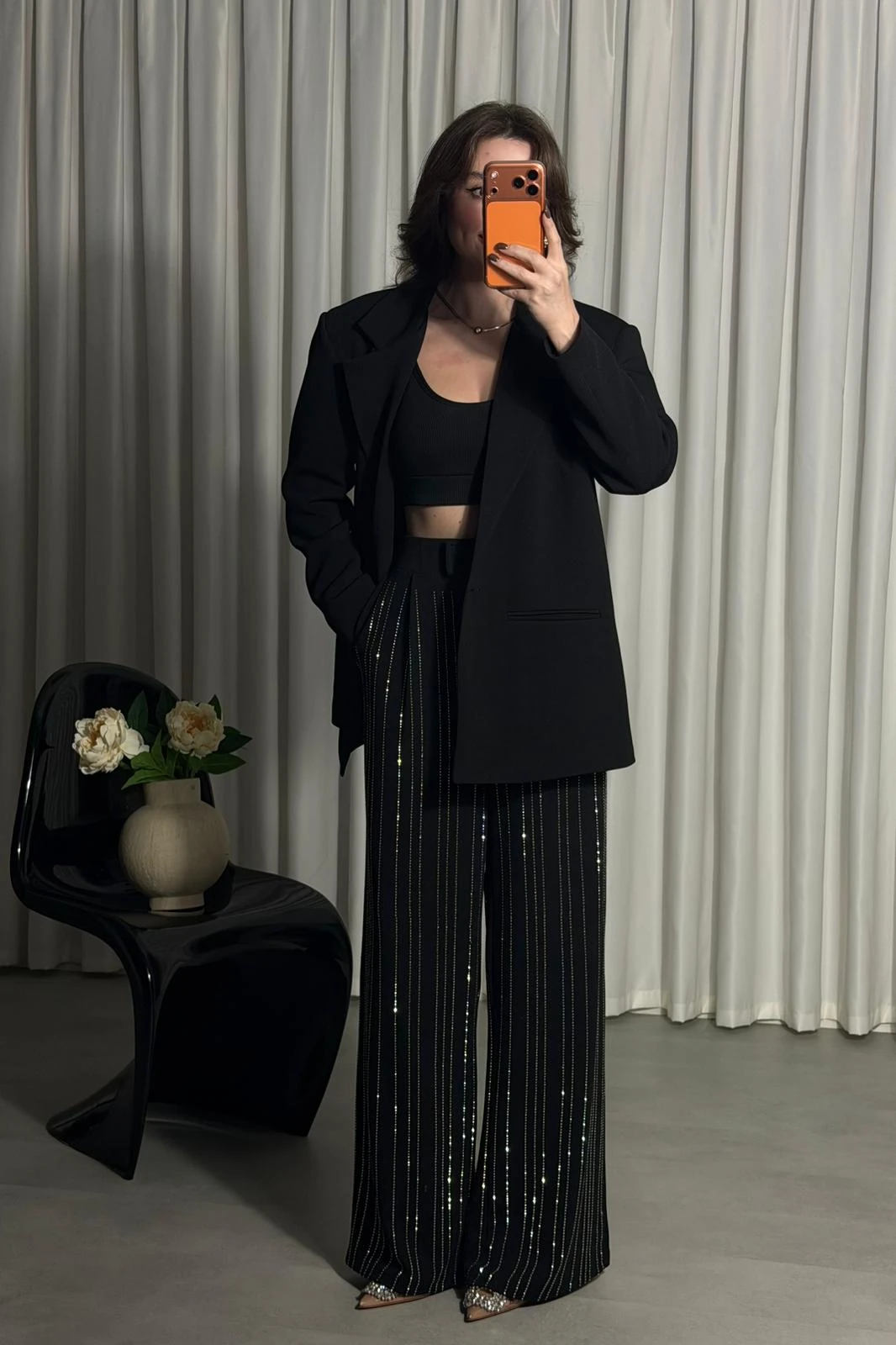 Suyolu Taşlı Ceket Takım - Siyah