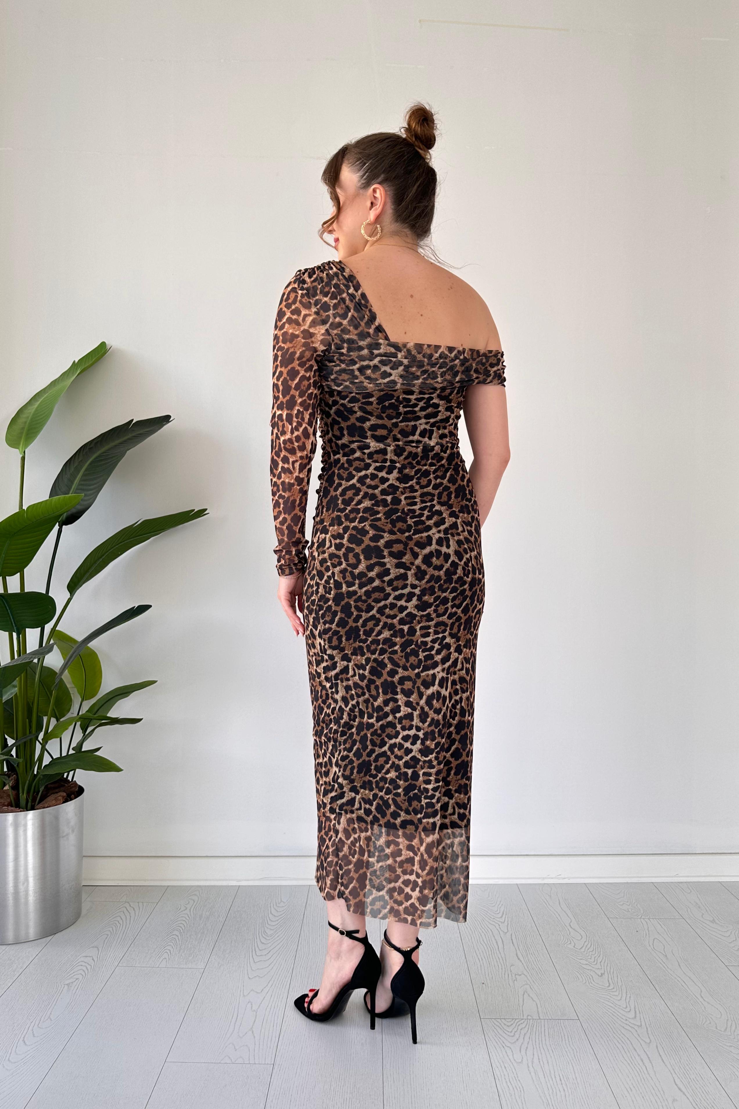 Tek Omuz Leopar Tül Elbise