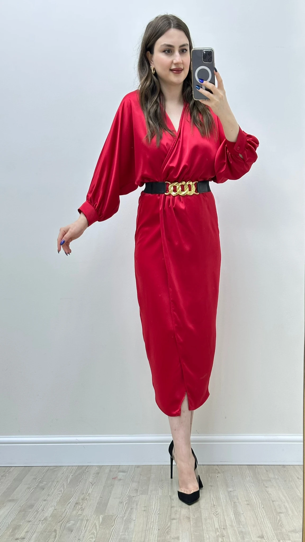 Yarasa Kol Saten Elbise Kırmızı