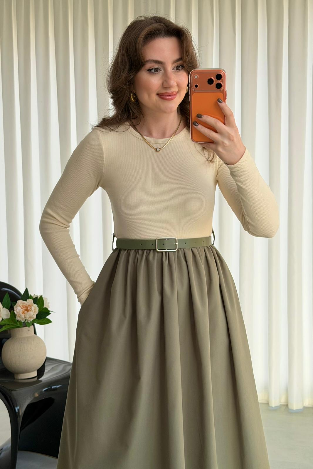 Kemerli Poplin Detay Elbise