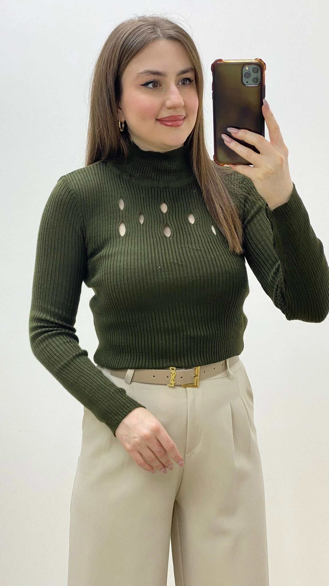 Damla Yaka Triko Kazak Haki