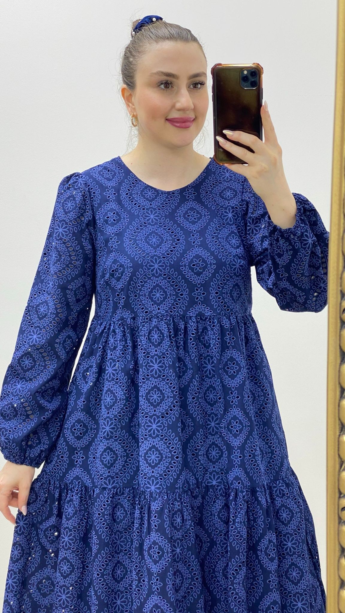 Uzun Kollu Fisto Elbise Mavi