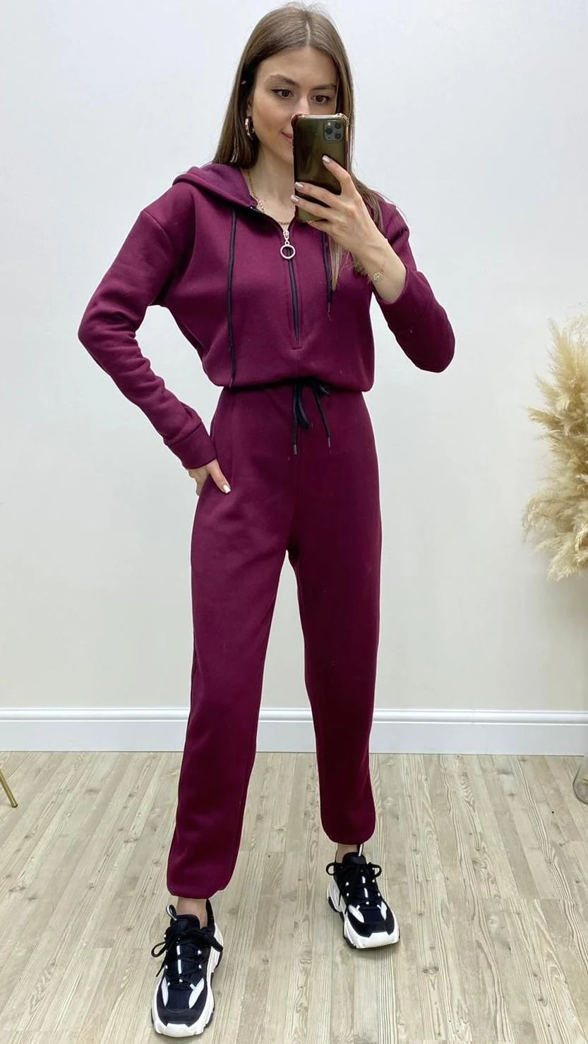 Bel Bağlamalı Polar Tulum Bordo