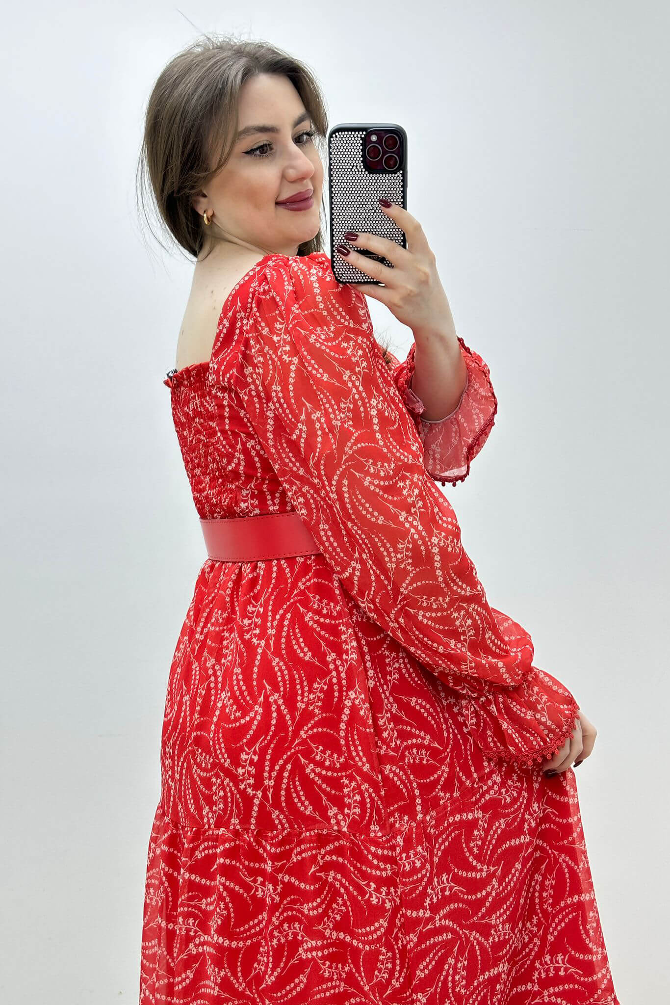 Gipeli Tomurcuk Şifon Elbise Nar Çiceği