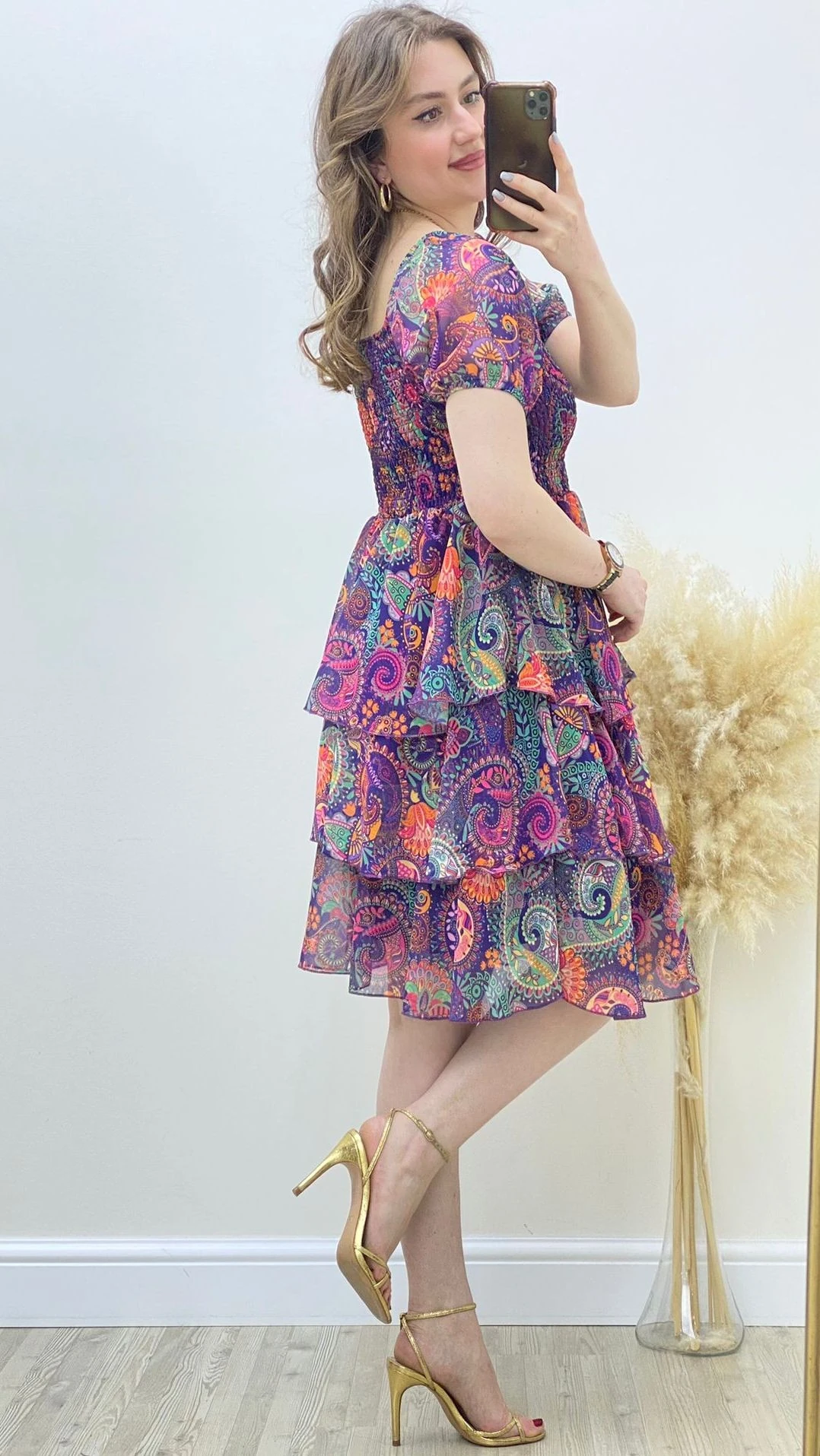 Katlı Şal Desen Şifon Elbise Mor