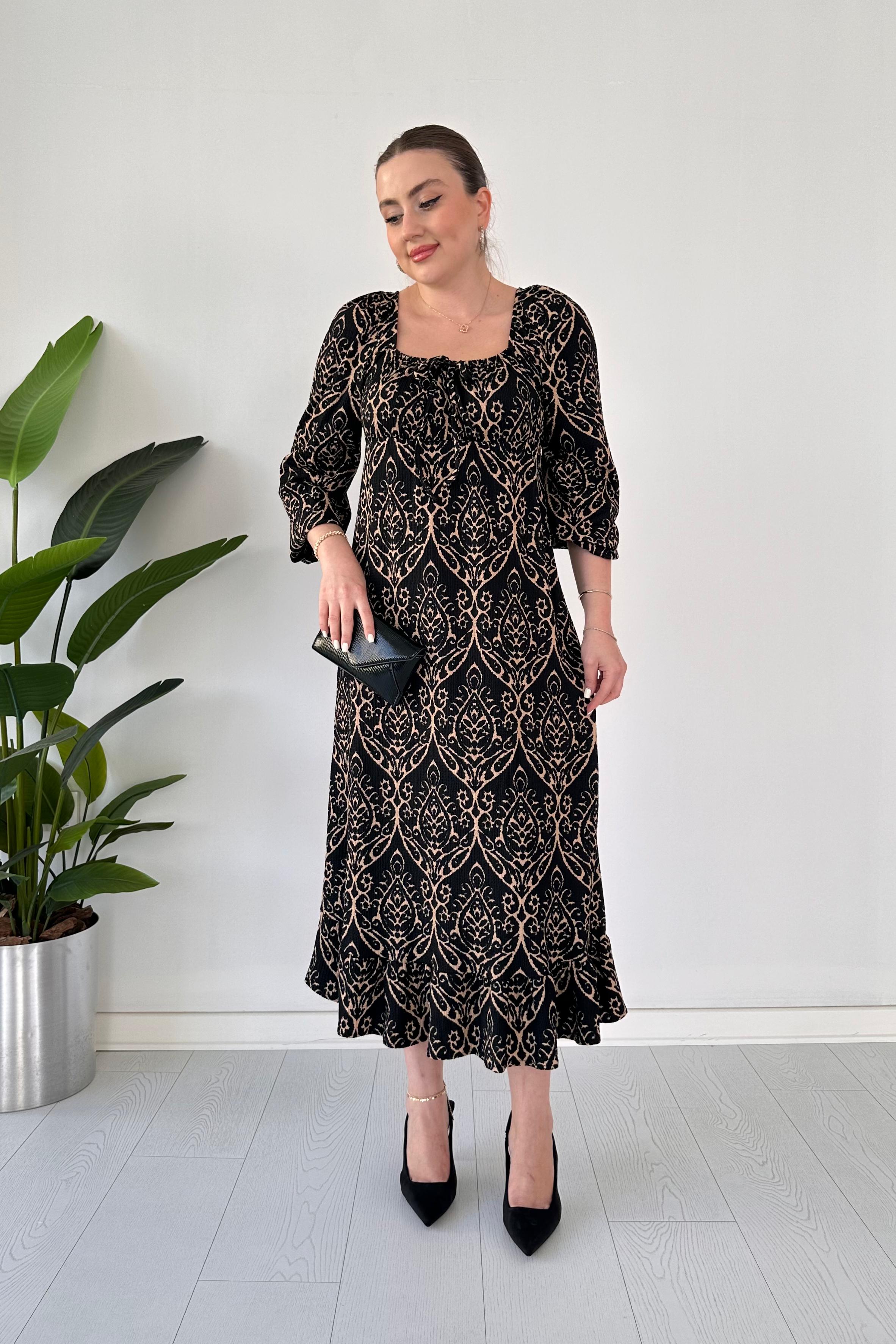 Etnik Desenli Gofre Elbise