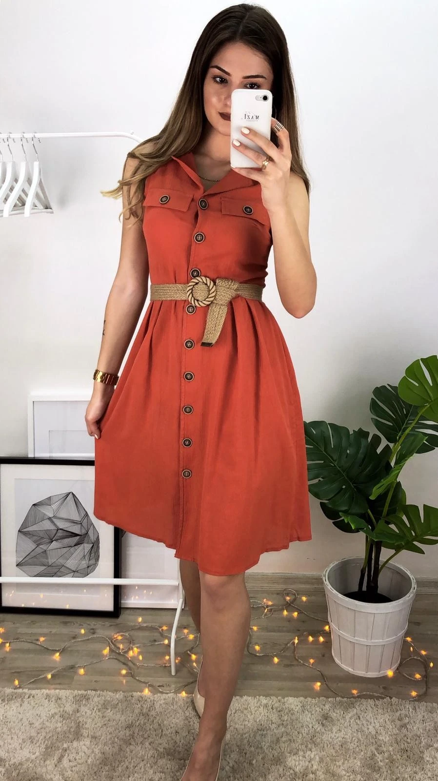 Çift Cep Kolsuz Elbise-Kiremit