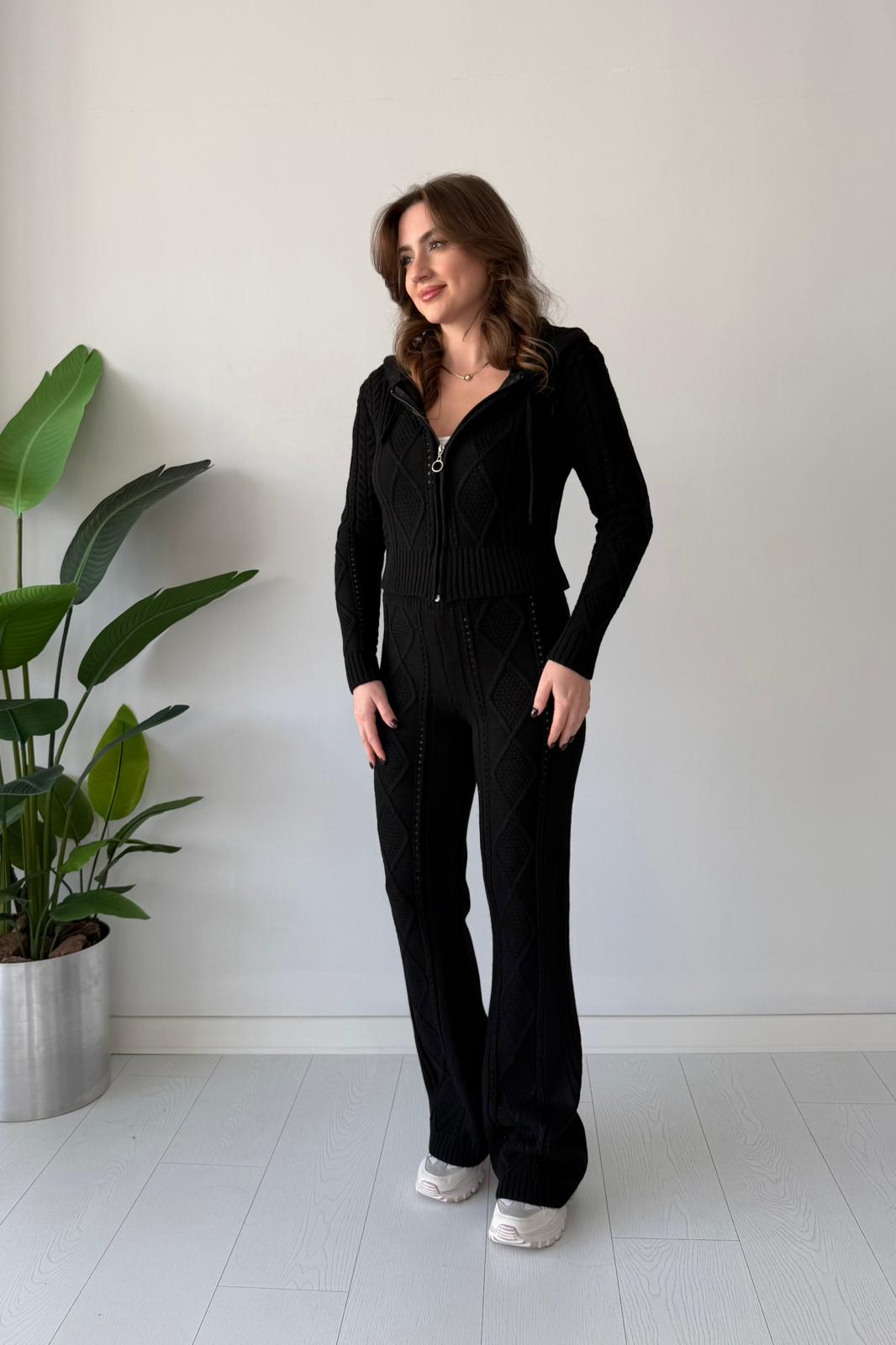 Kapşonlu Baklava Triko Takım - SİYAH