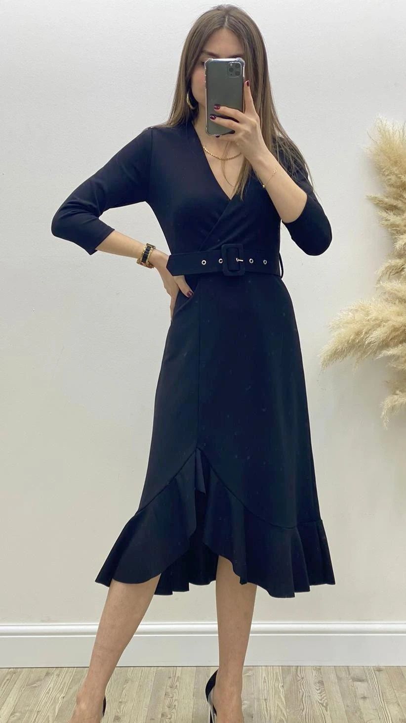 Eteği Volanlı Kemerli Midi Elbise Siyah