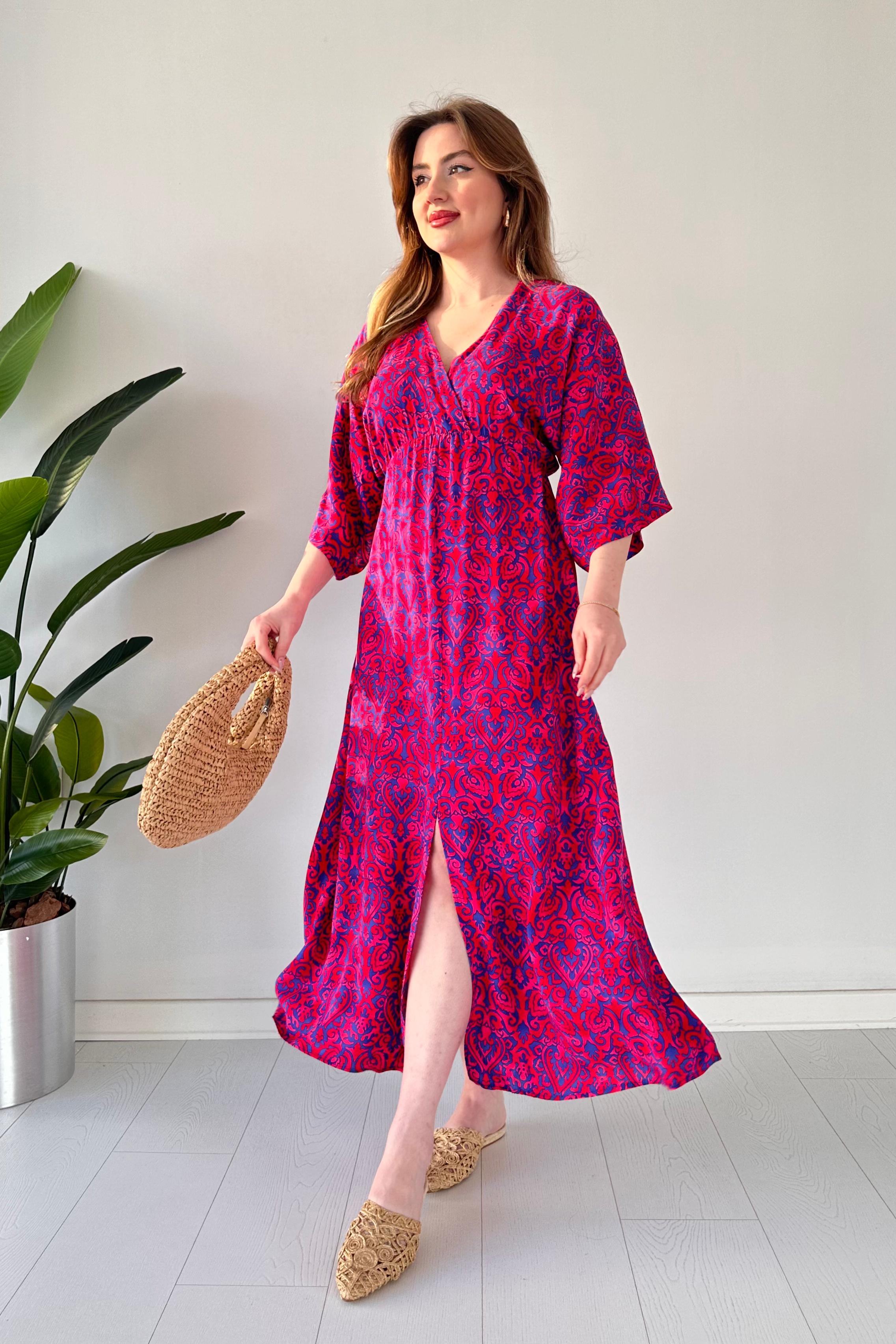 Yarasa Kol Viskon Elbise Fuşya