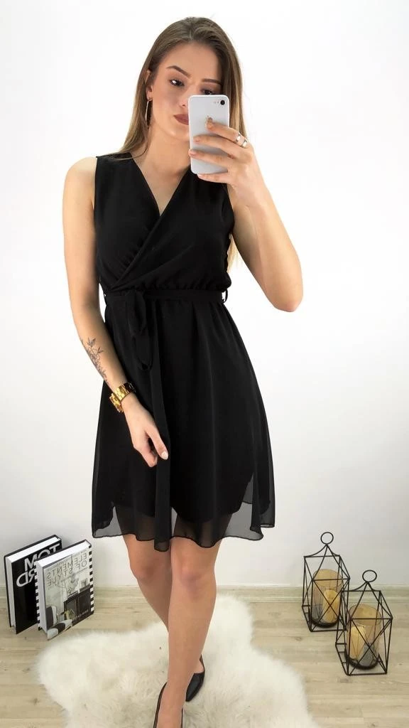 Kruvaze Mini Şifon Elbise-Siyah