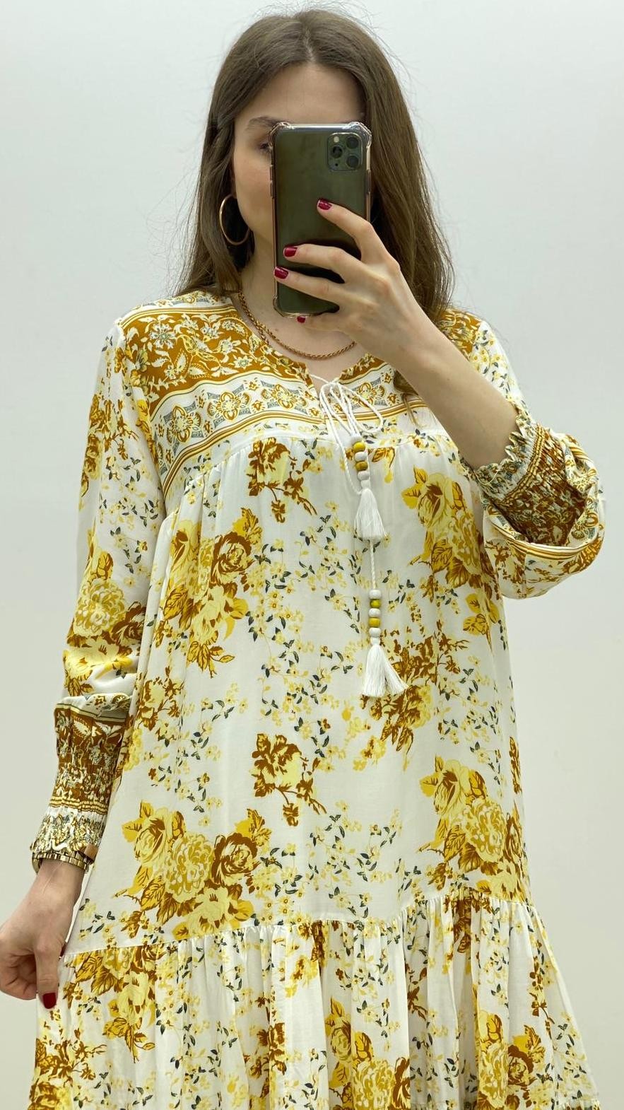 Gül Desen Püsküllü Elbise Sarı