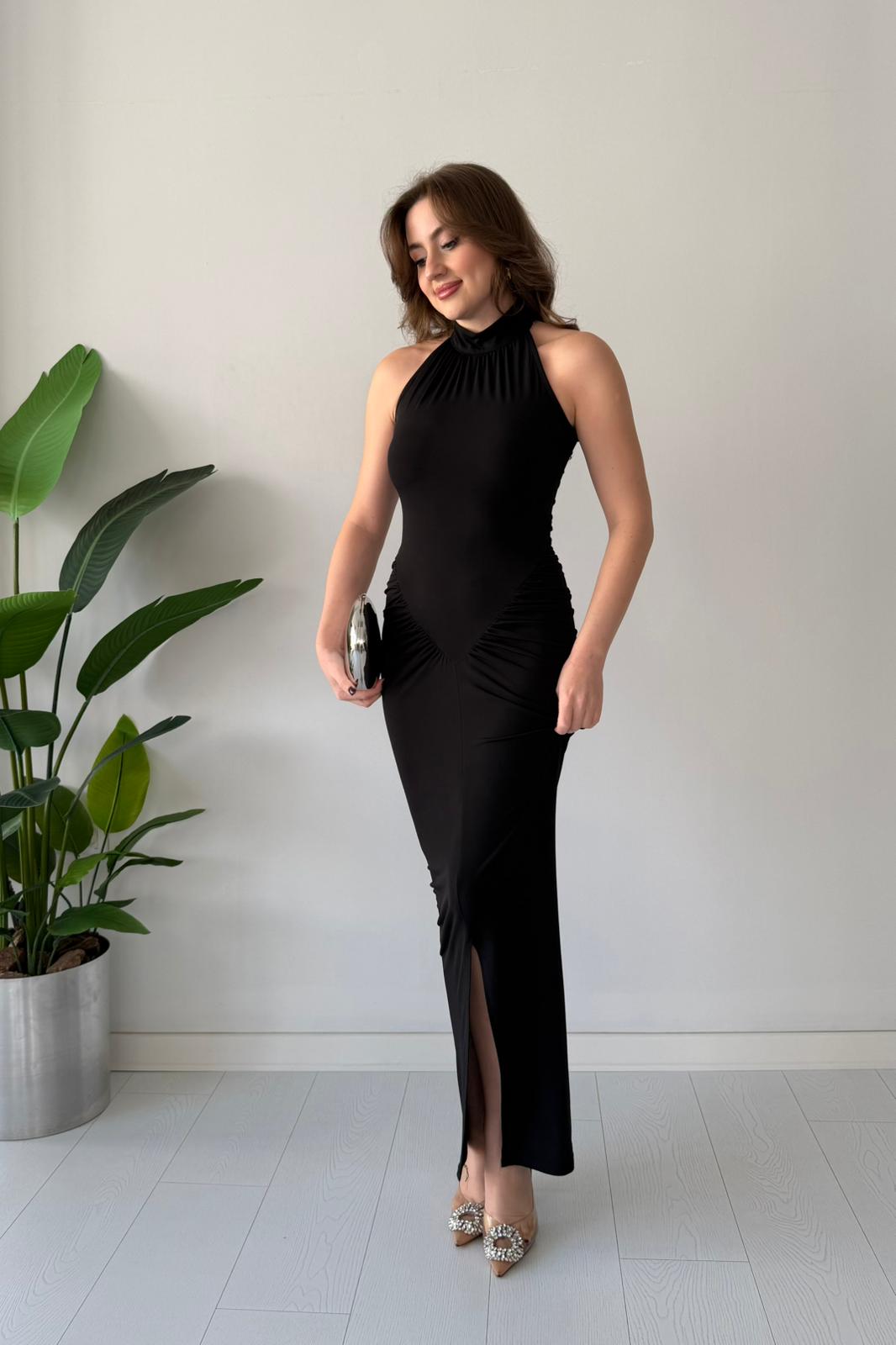 Kalça Drapeli Esnek Elbise - SİYAH