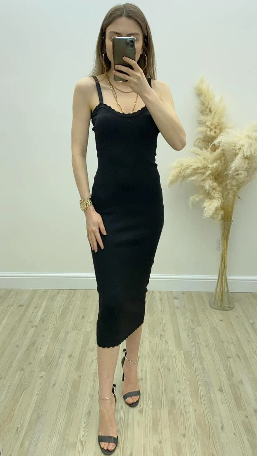 Askılı Çelik Örme Kalem Elbise Siyah