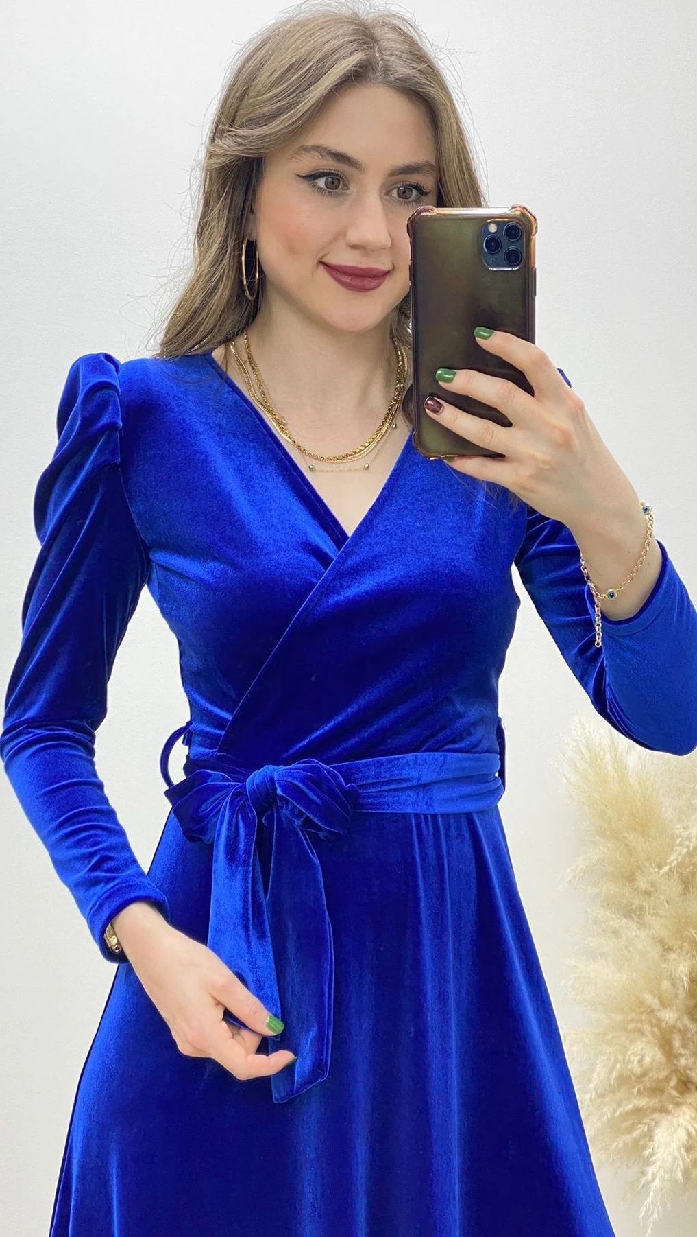 Karpuz Kol Kadife Elbise Saks Mavi