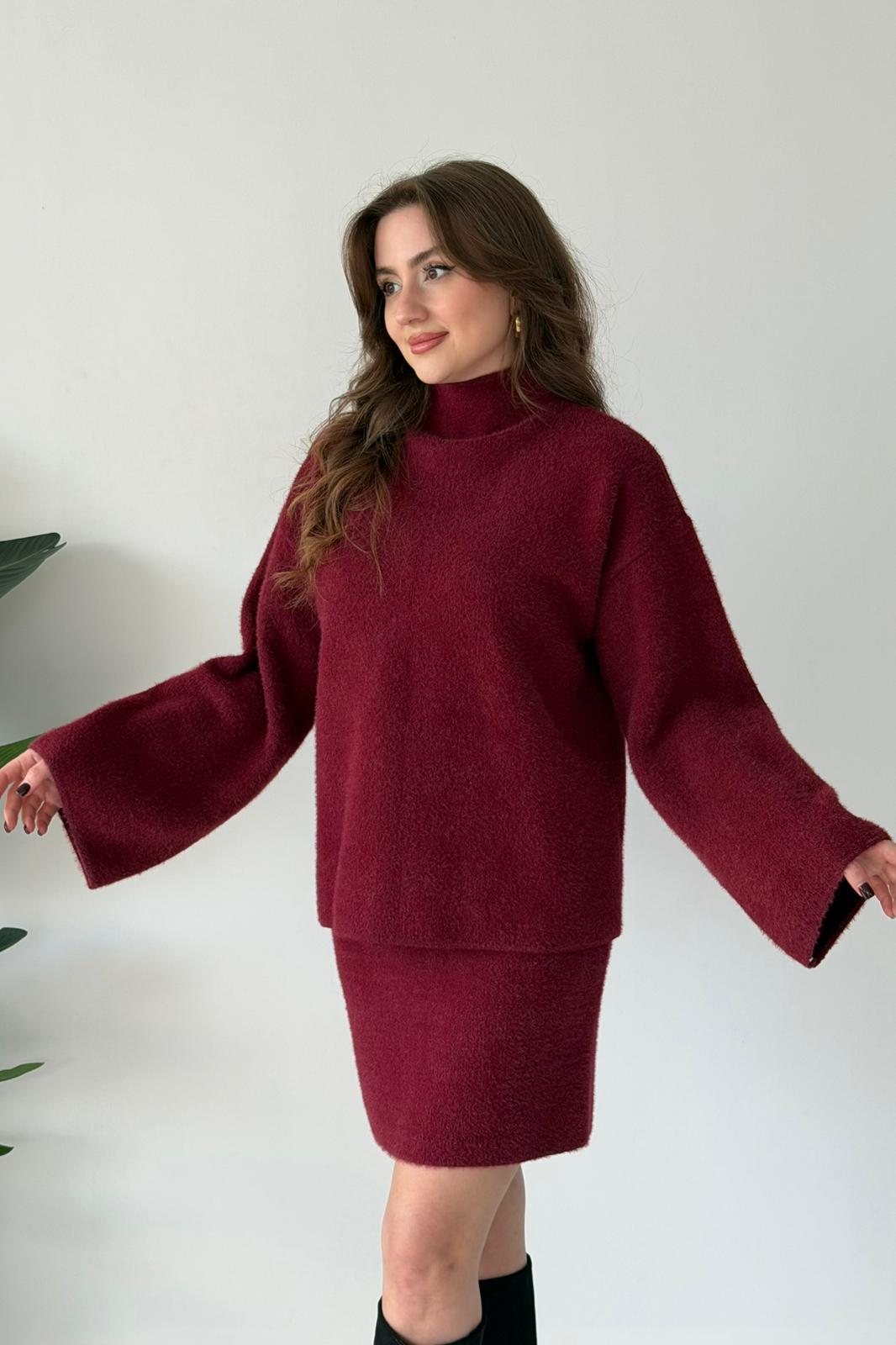Yumoş Etekli Triko Takım - Bordo