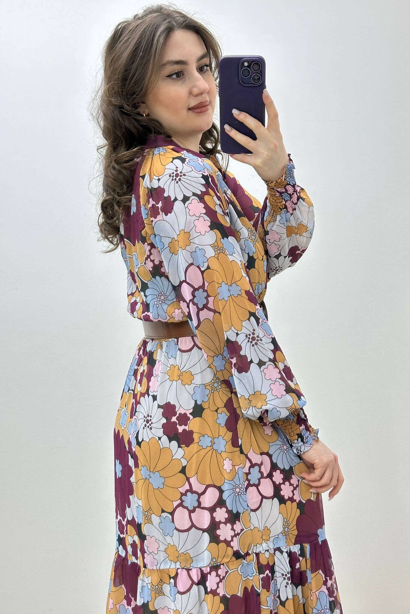 Lilyum Kemerli Şifon Elbise Kahverengi