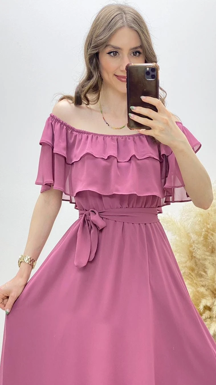 Fırfırlı Madonna Şifon Elbise Pudra