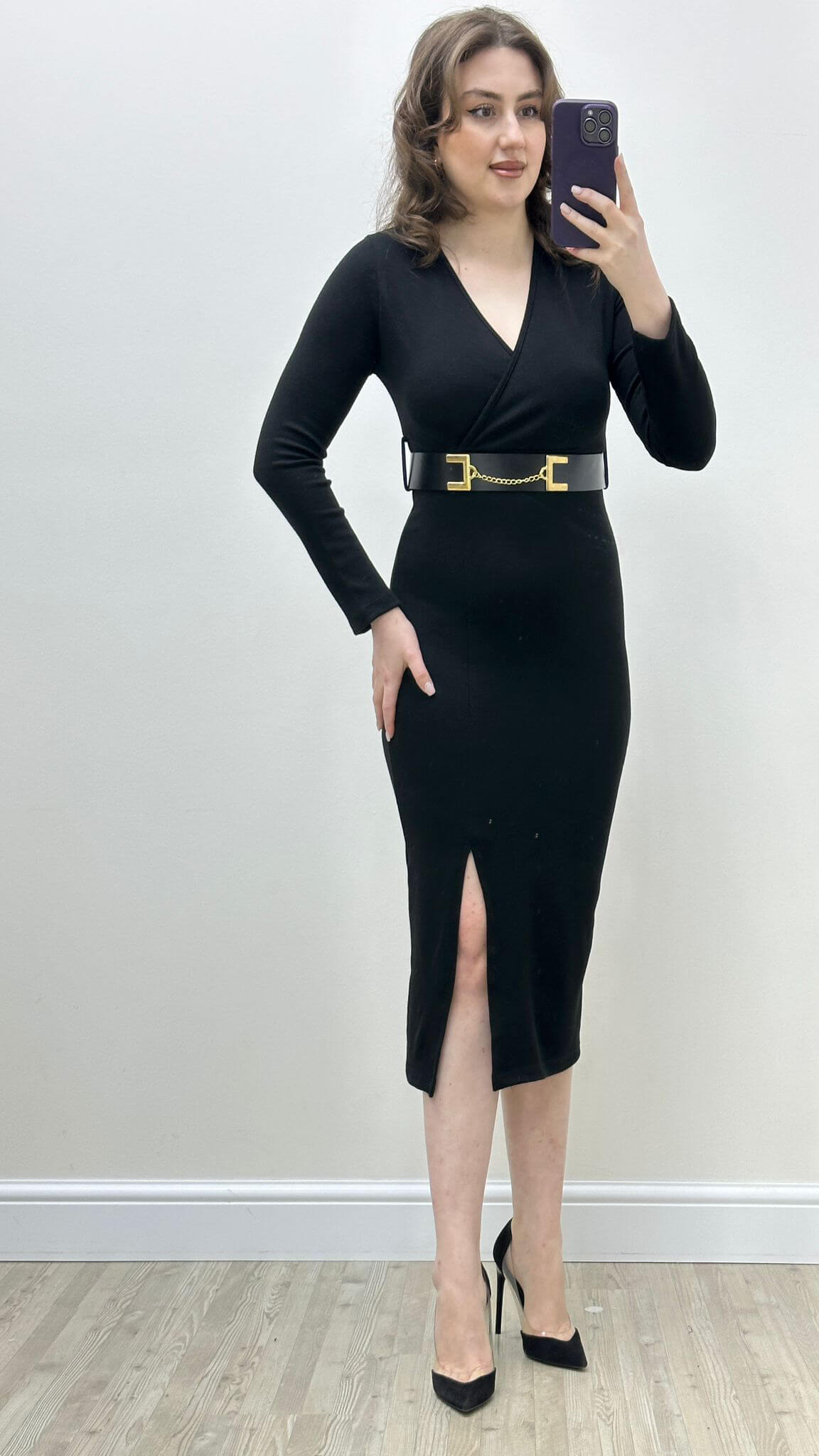 Zincir Kemerli Triko Elbise Siyah