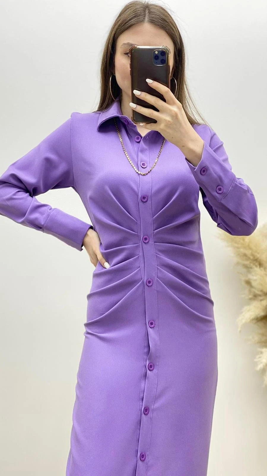 Drapeli Gömlek Elbise Lila