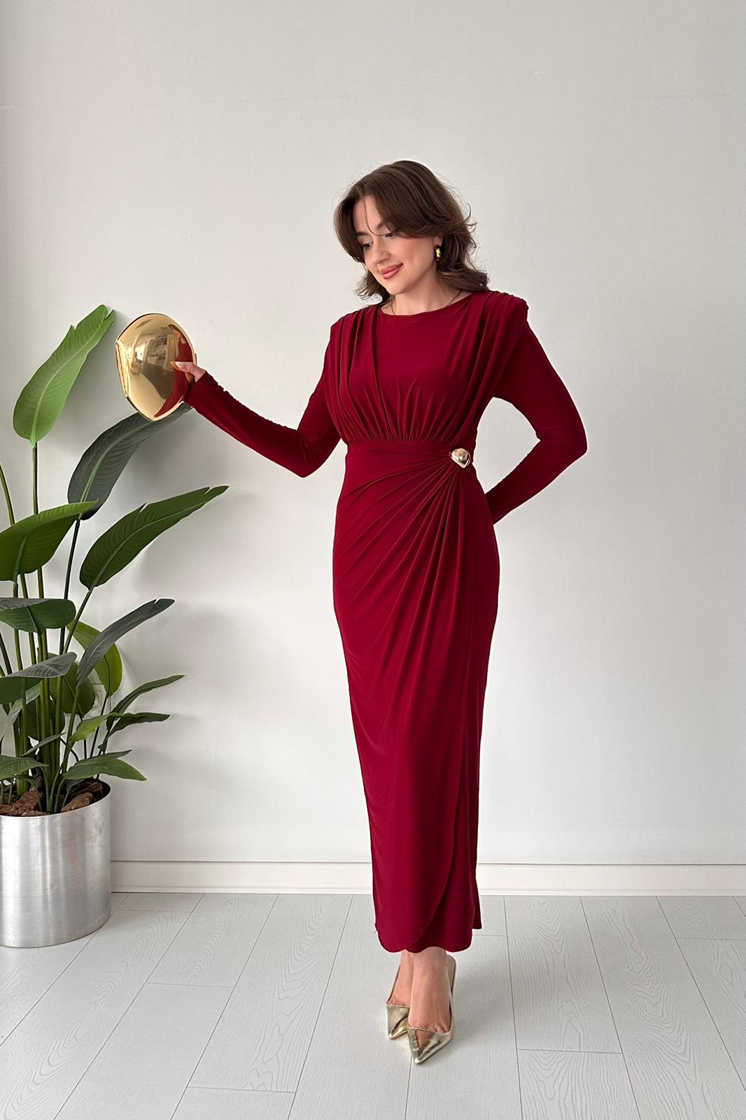 Drape Tokalı Esnek Elbise - Bordo