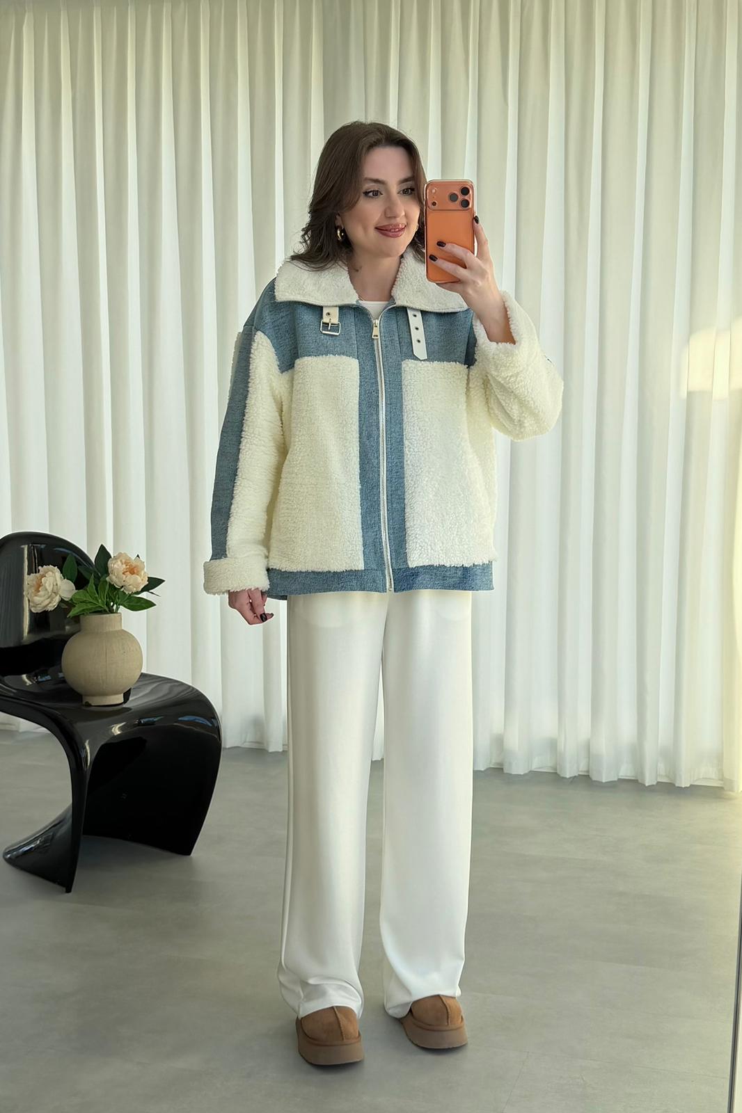 Denim Garnili Peluş Ceket