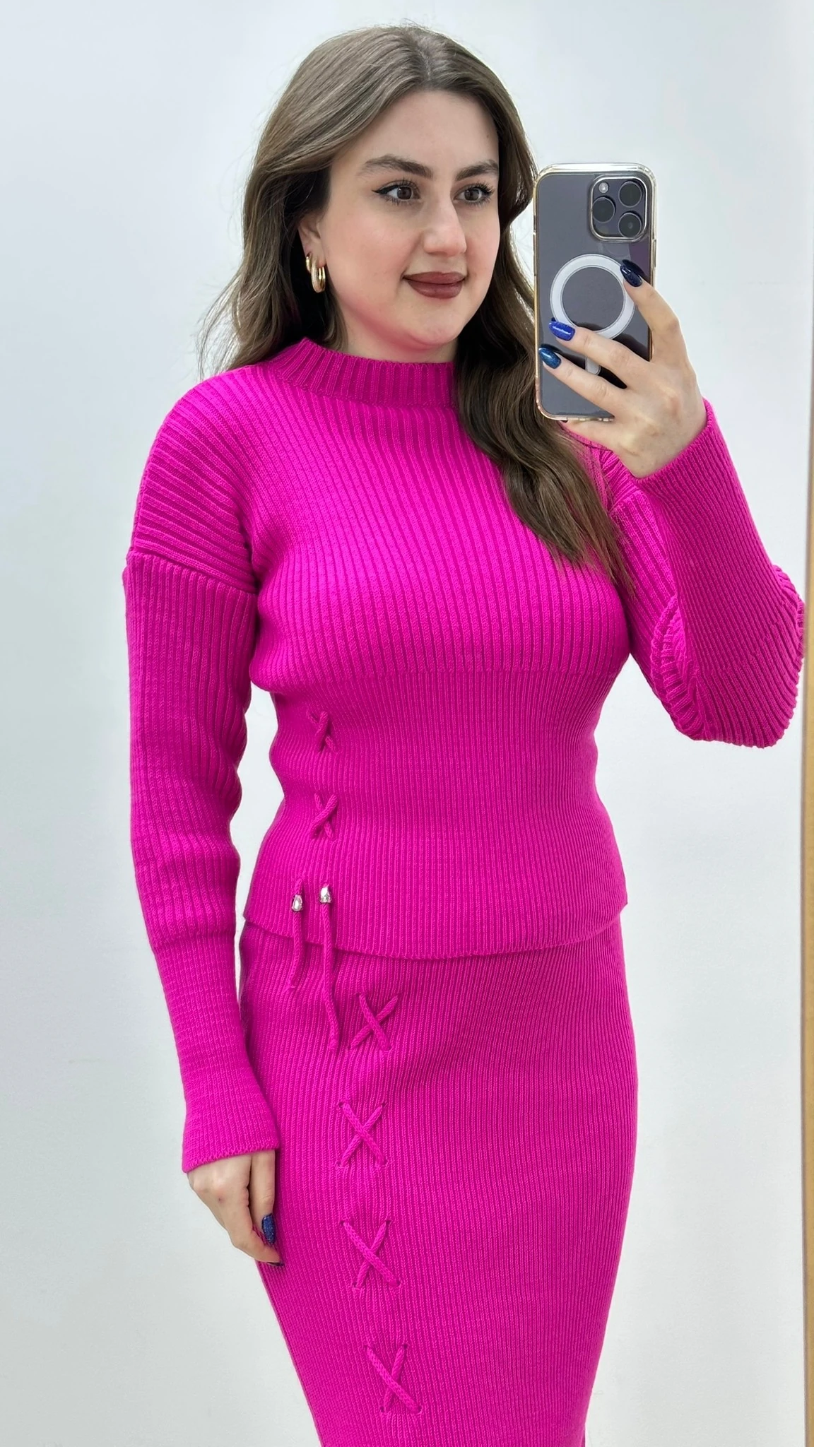 Çapraz İpli Etek Kazak Takım Fuşya