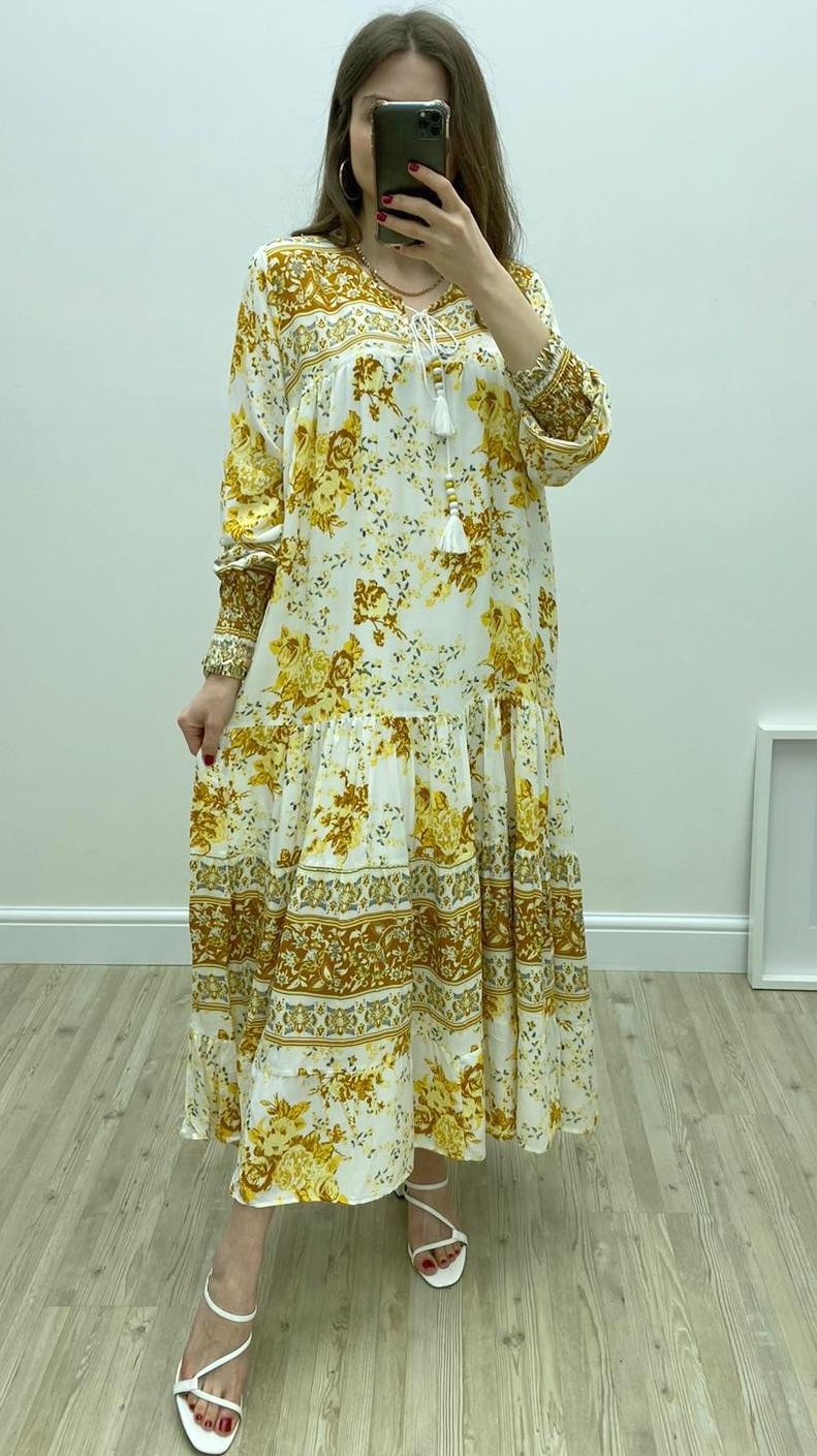 Gül Desen Püsküllü Elbise Sarı