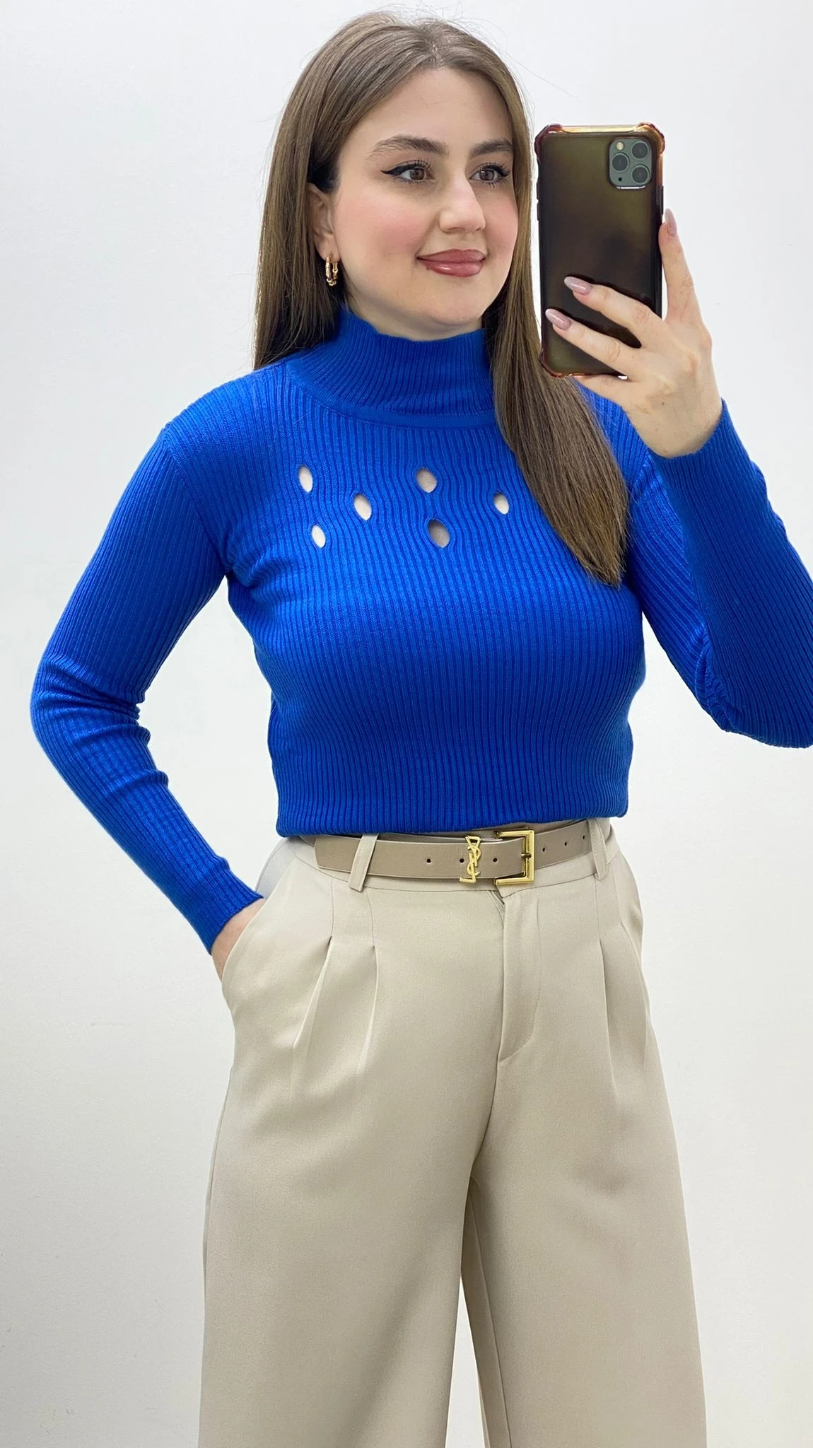 Damla Yaka Triko Kazak Saks Mavi