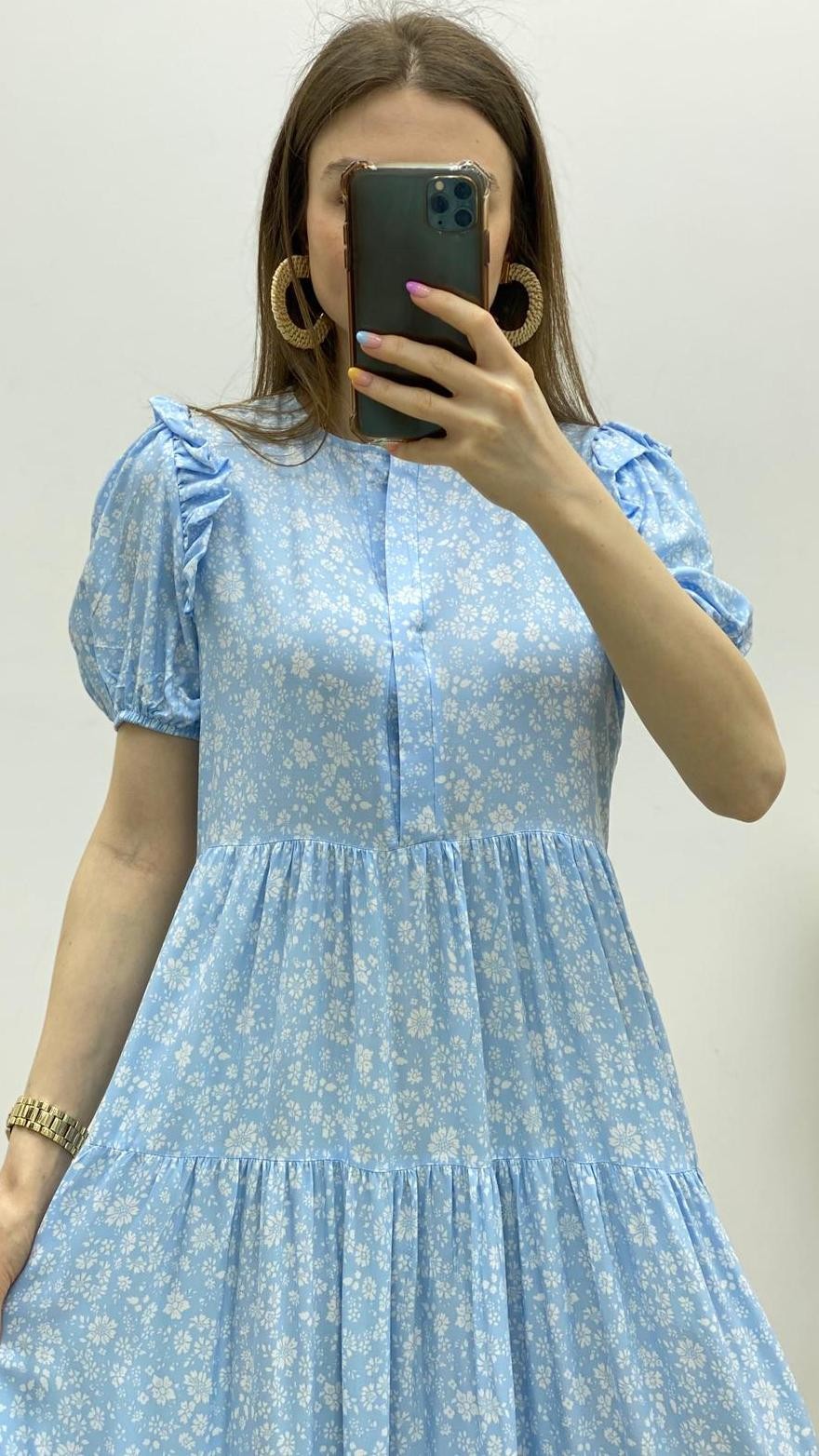 Göğüs Düğmeli Çiçek Desen Viskon Elbise Bebe Mavi