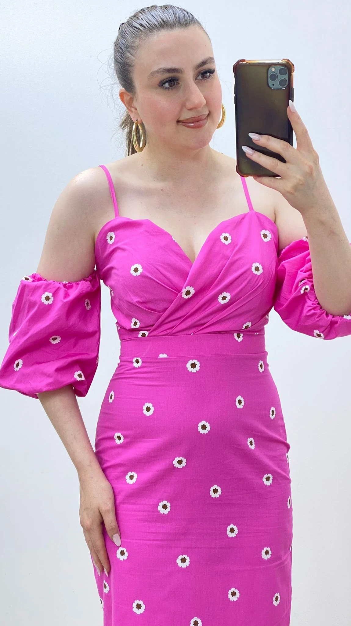 Balon Detay Askılı Poplin Elbise Pembe