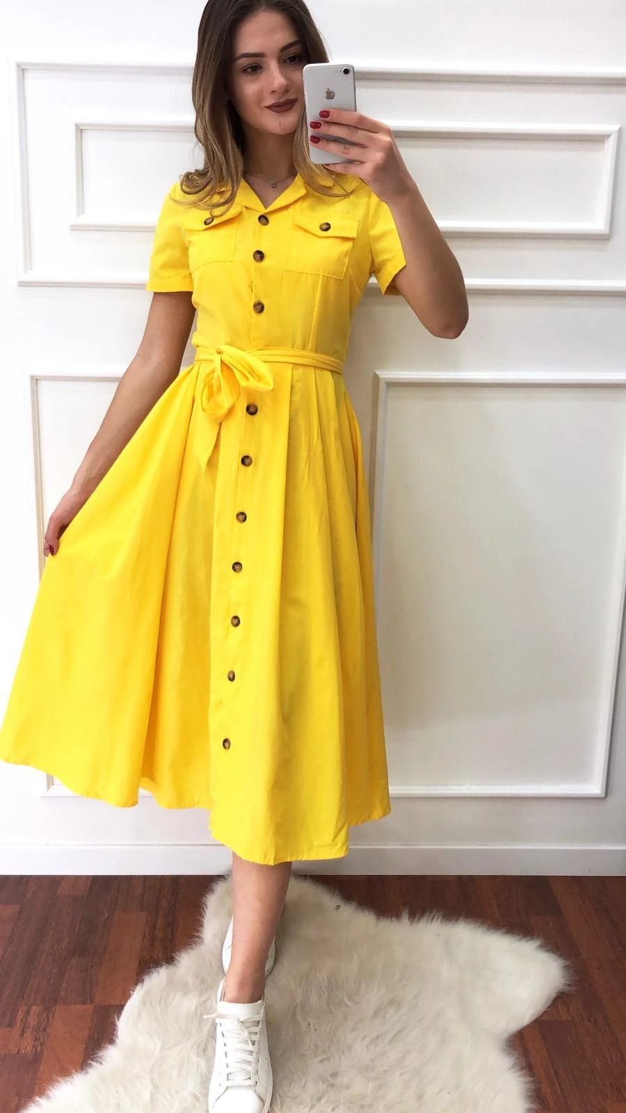 Kısa Kol Piliseli Elbise-Sarı