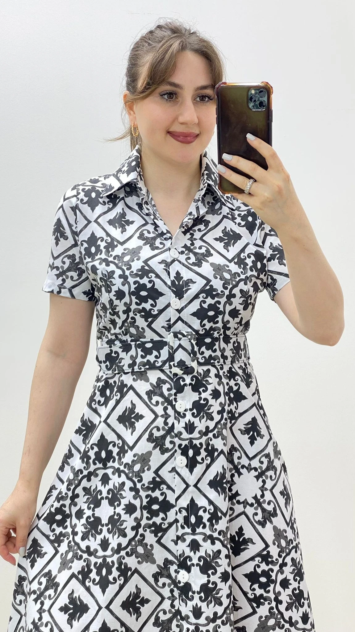 Etnik Poplin Gömlek Elbise Siyah