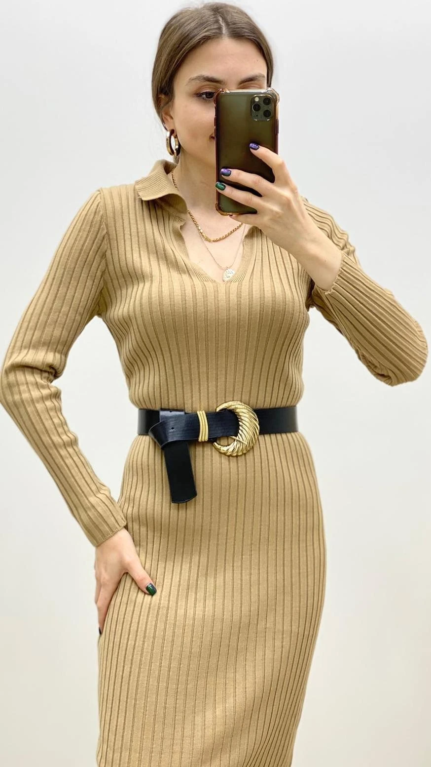 Yakalı Fitilli Triko Elbise Bej