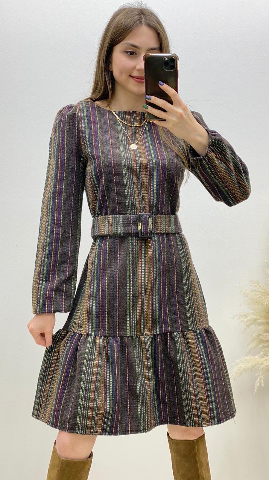 Çizgili Renkli Kaşe Elbise