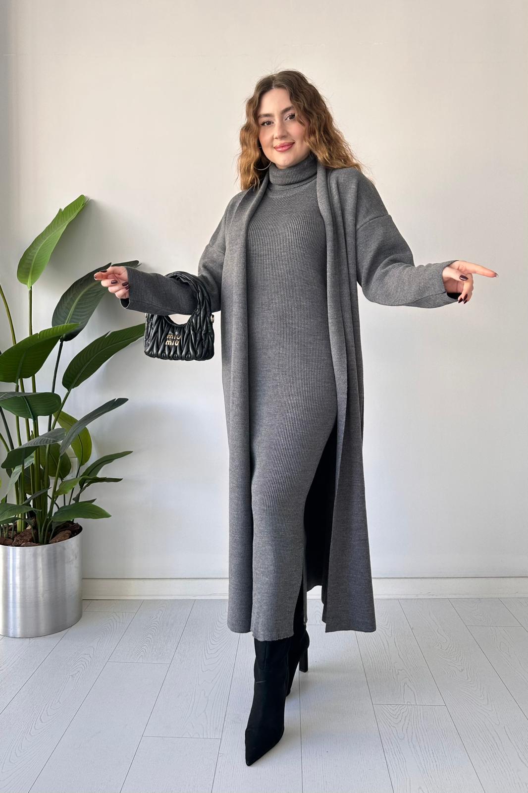 Balıkçı Elbise-Uzun Hırka Takım - Antrasit