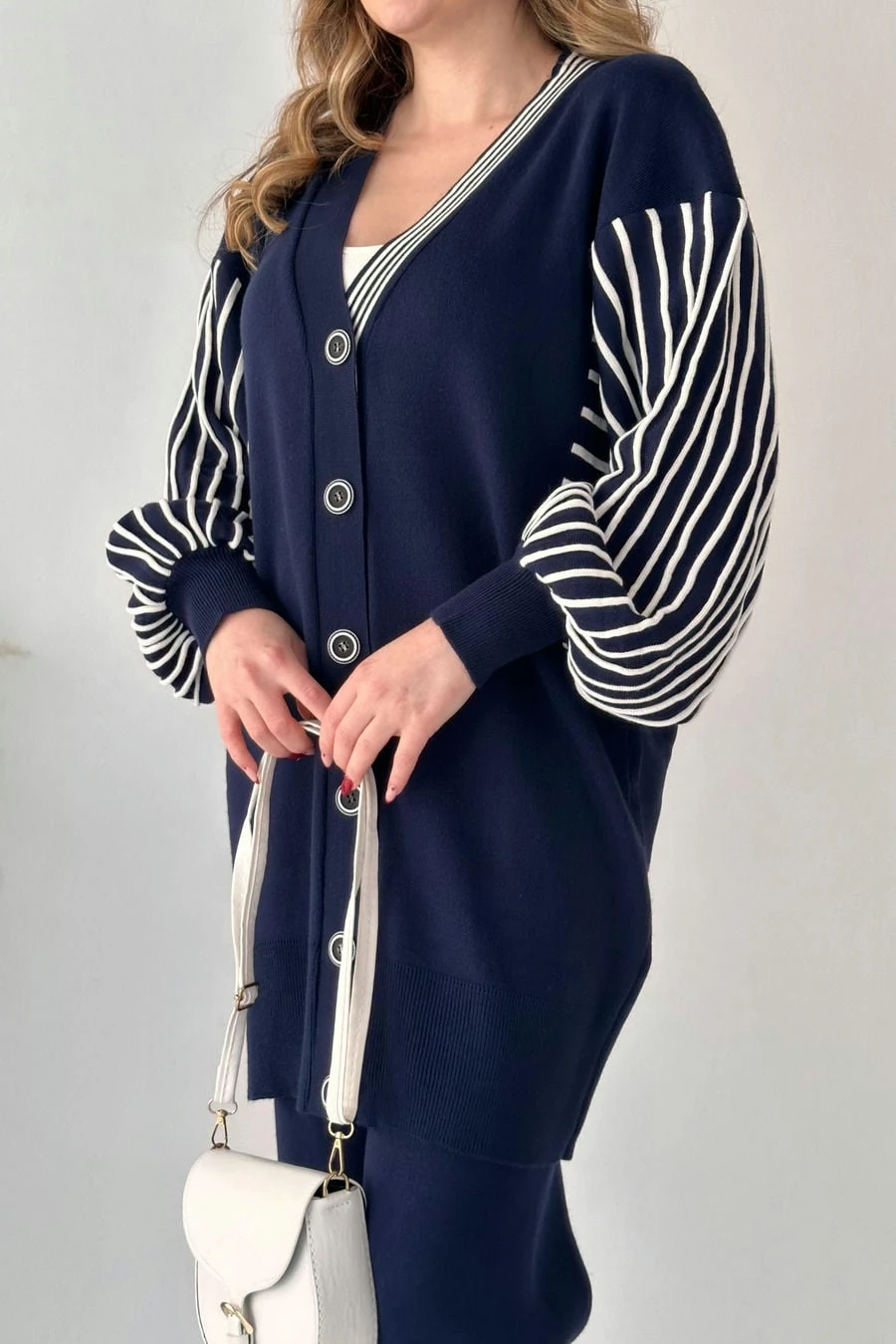 Balon Kol Çizgili Triko Takım