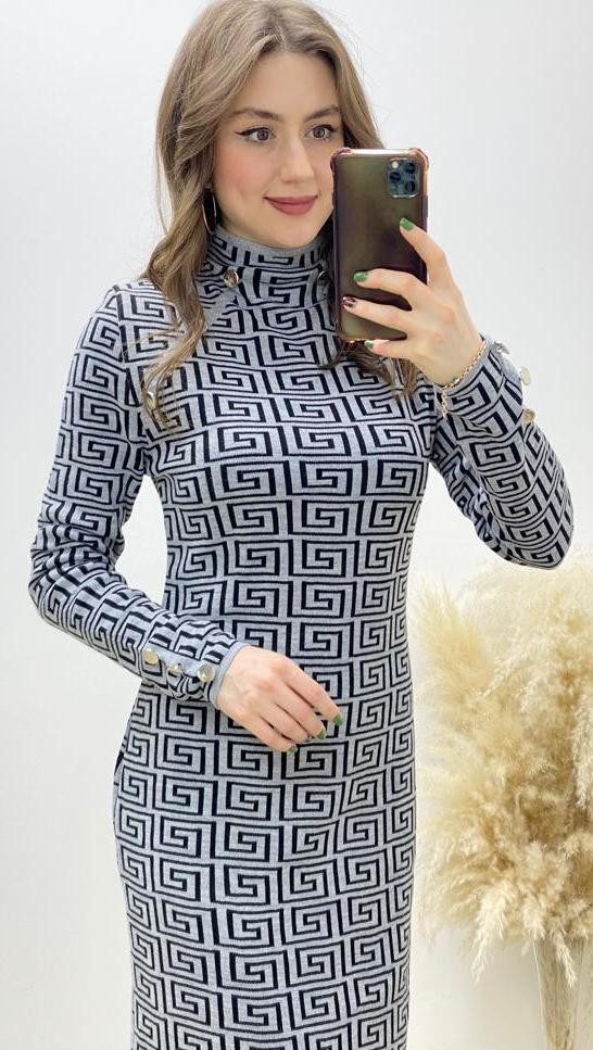 Düğmeli Geometrik Triko Elbise Gri