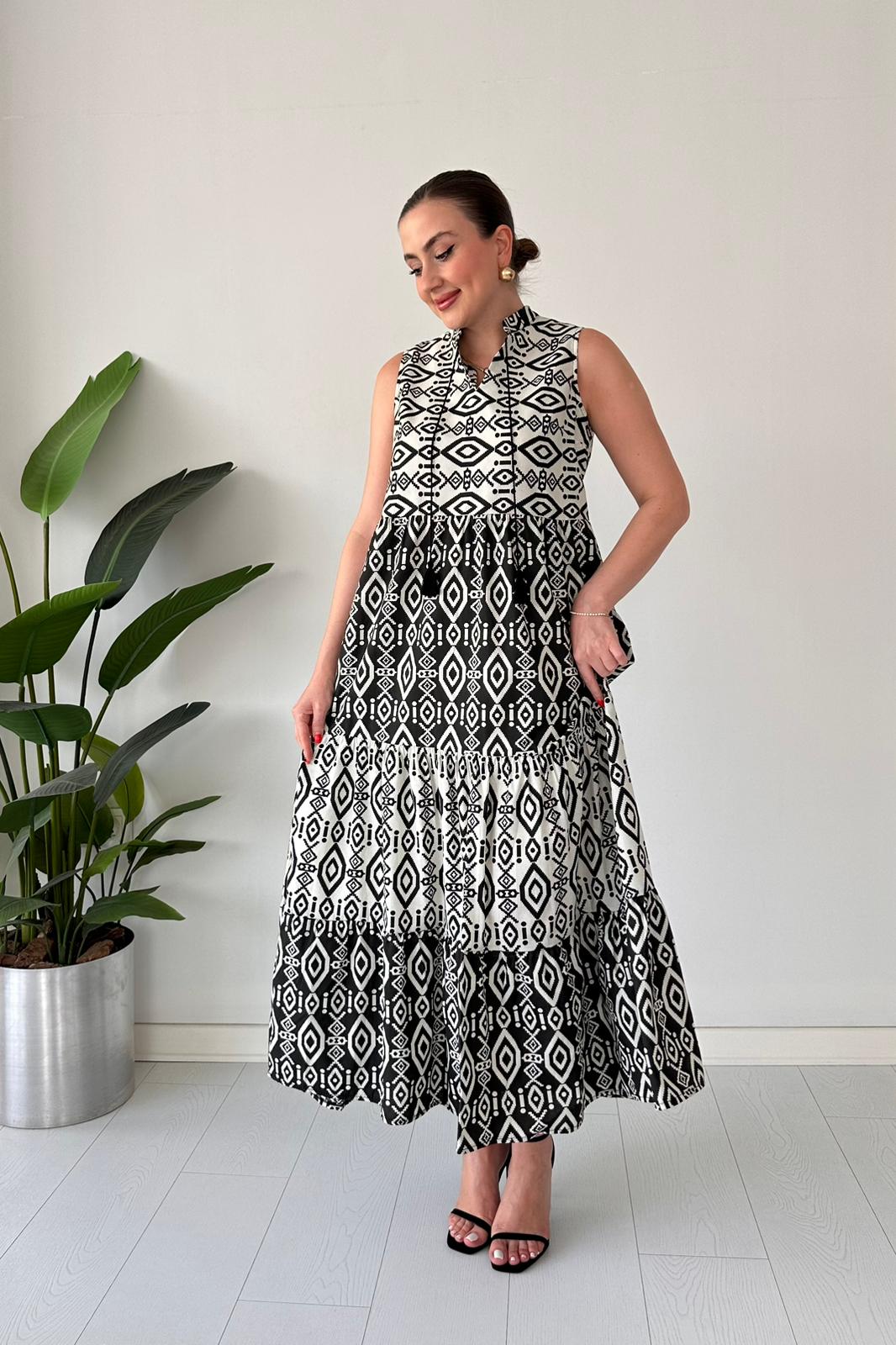 Püskül İpli Poplin Elbise - Siyah