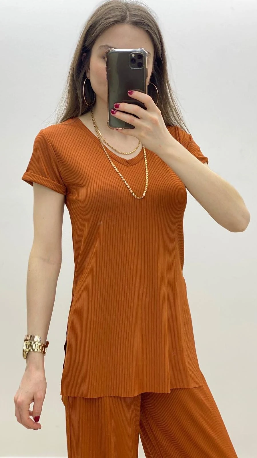 V Yaka Yırtmaçlı Kaşkorse İkili Takım Kiremit