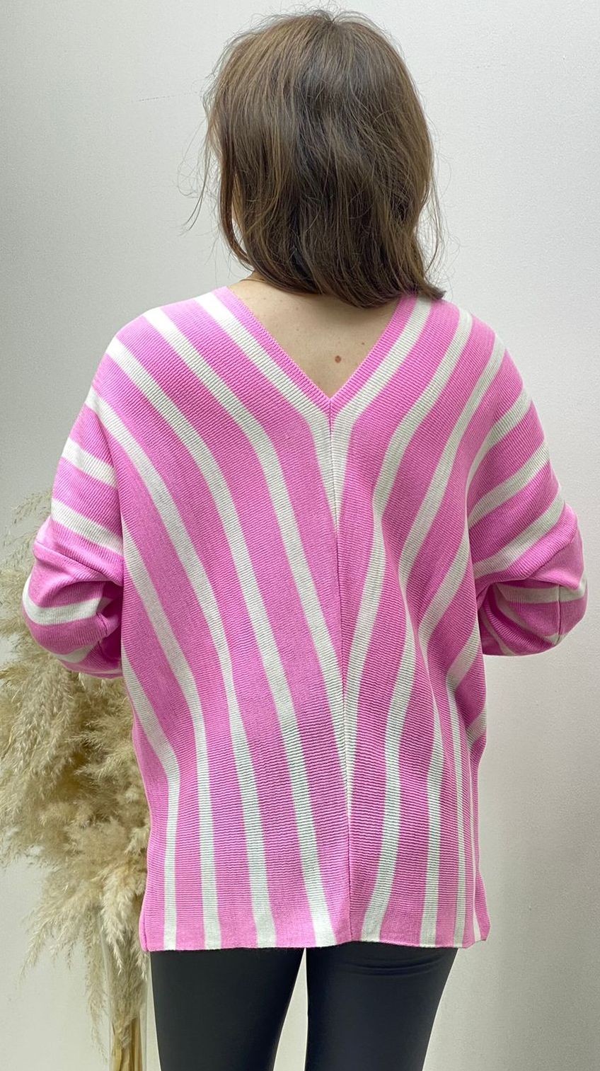 V Çizgili Triko Pembe