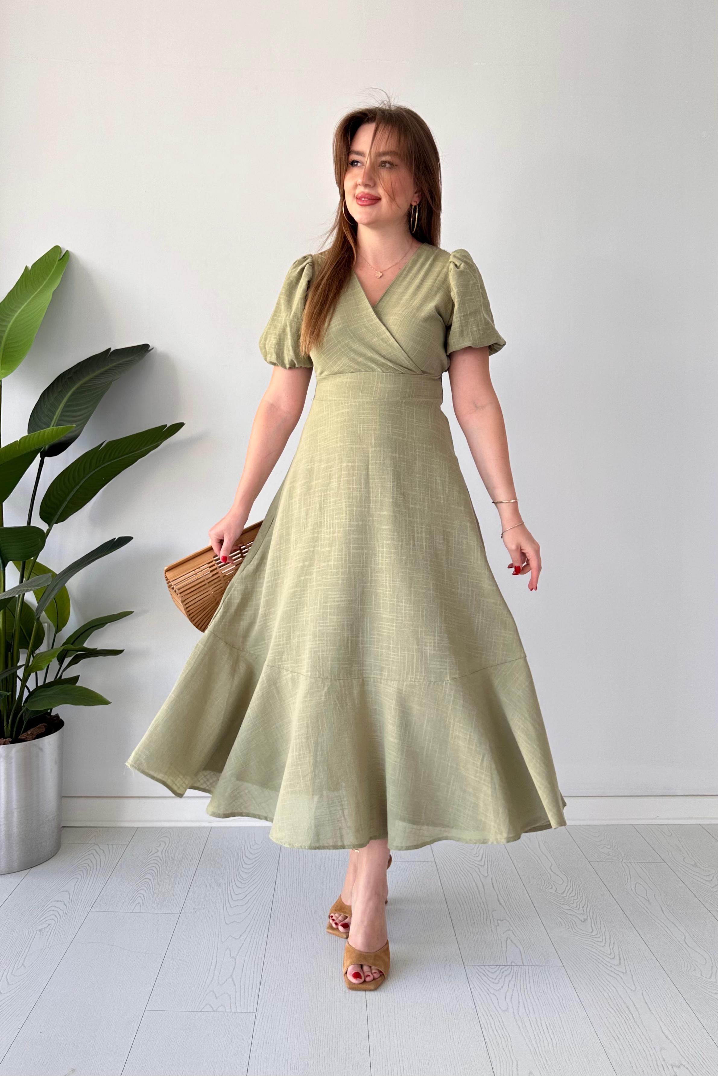 Eteği Volan Keten Elbise