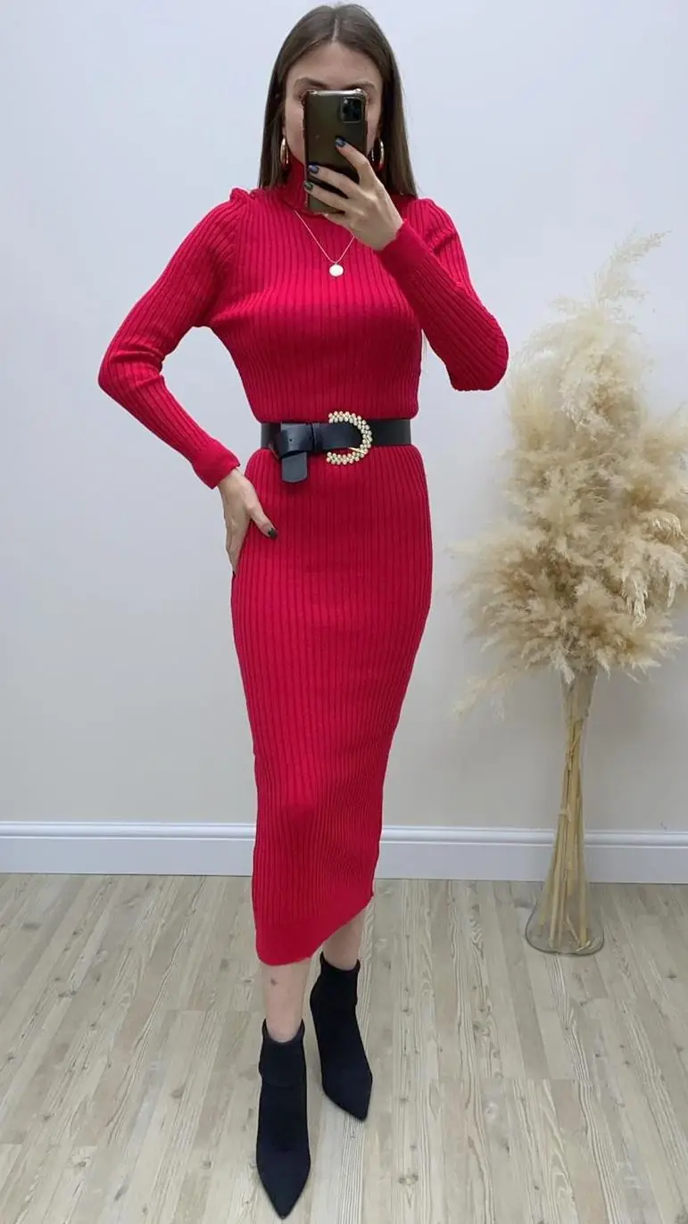 Balıkçı Fitilli Triko Elbise Kırmızı · 4
