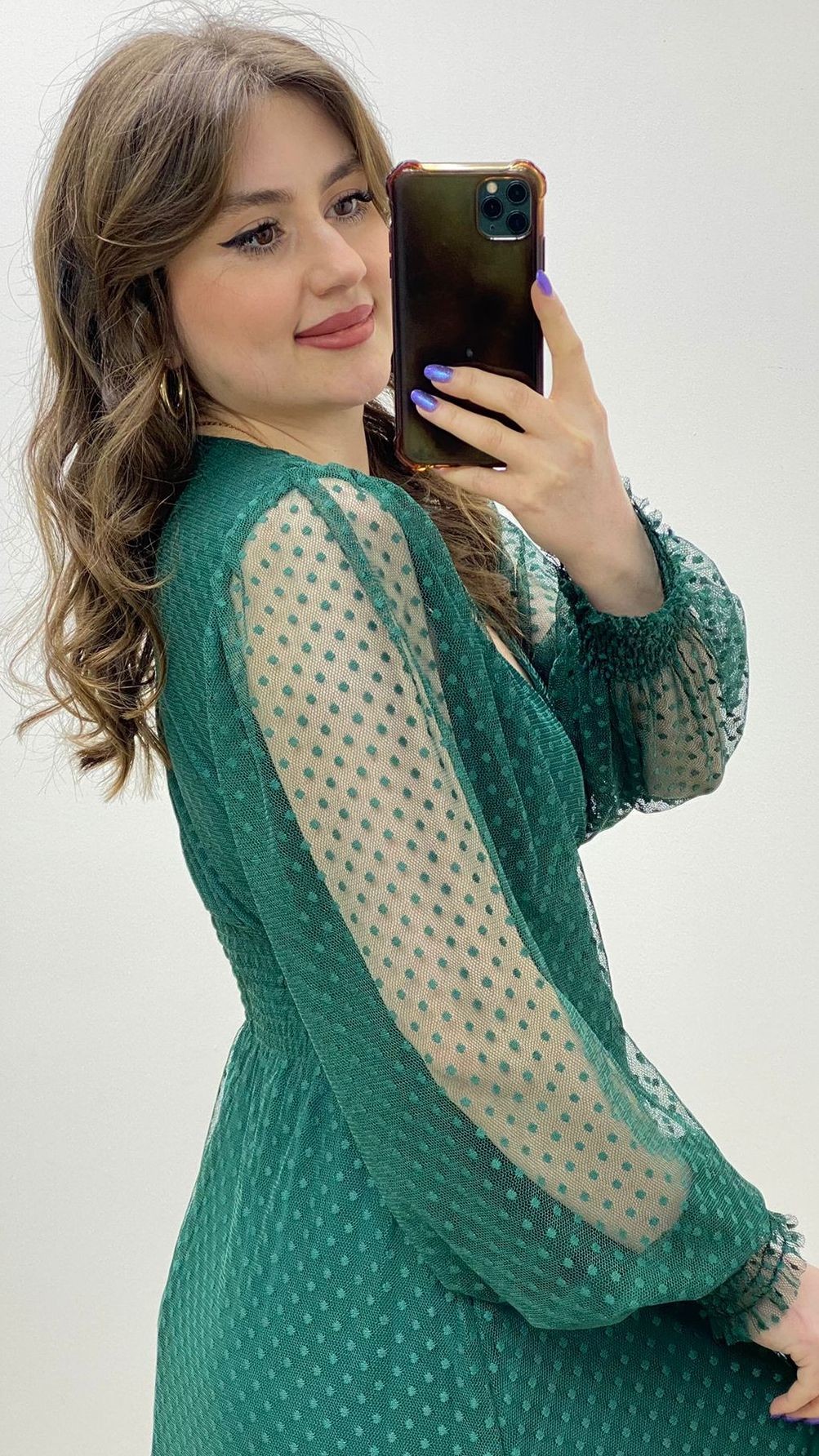 Beli Gipeli Tül Puantiye Elbise Yeşil