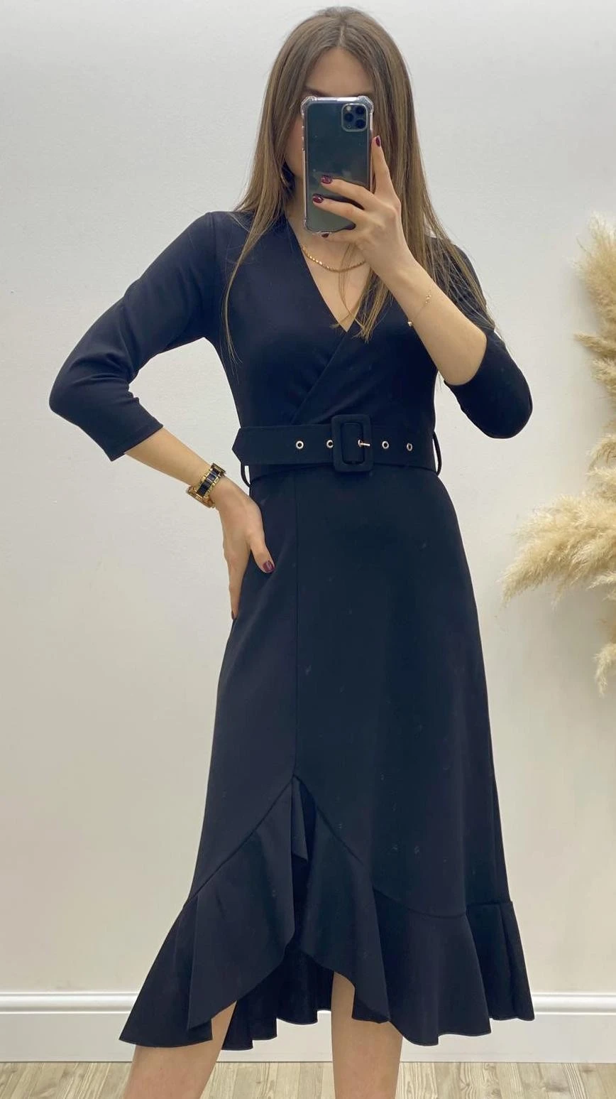 Eteği Volanlı Kemerli Midi Elbise Siyah