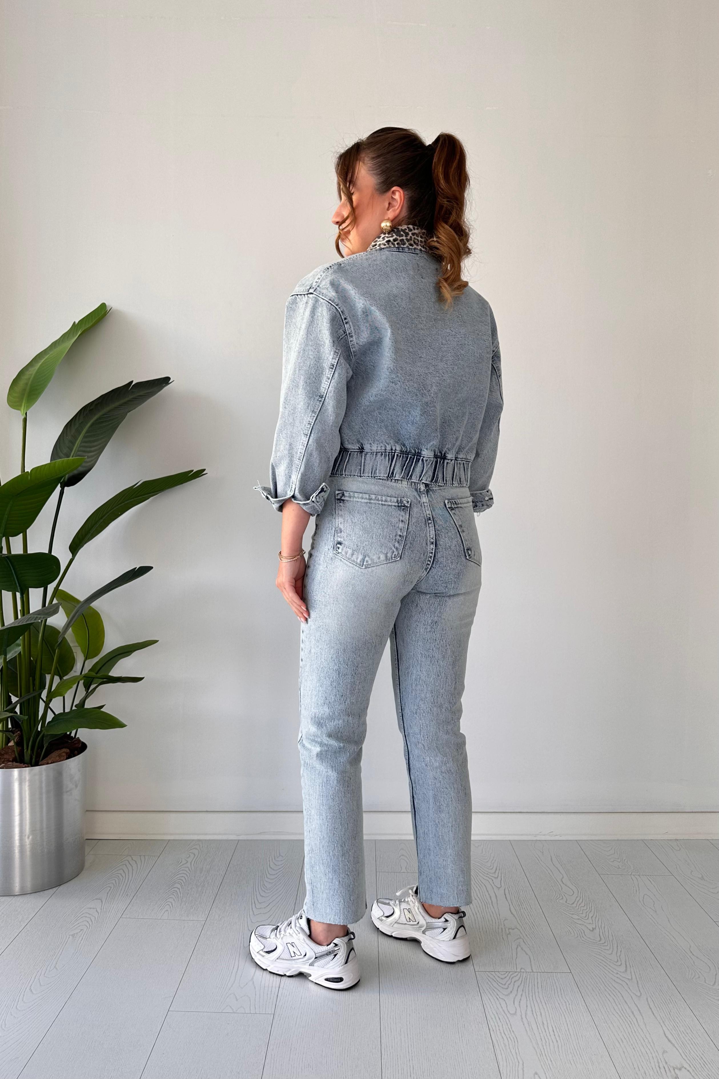 Leopar Yakalı Denim Ceket