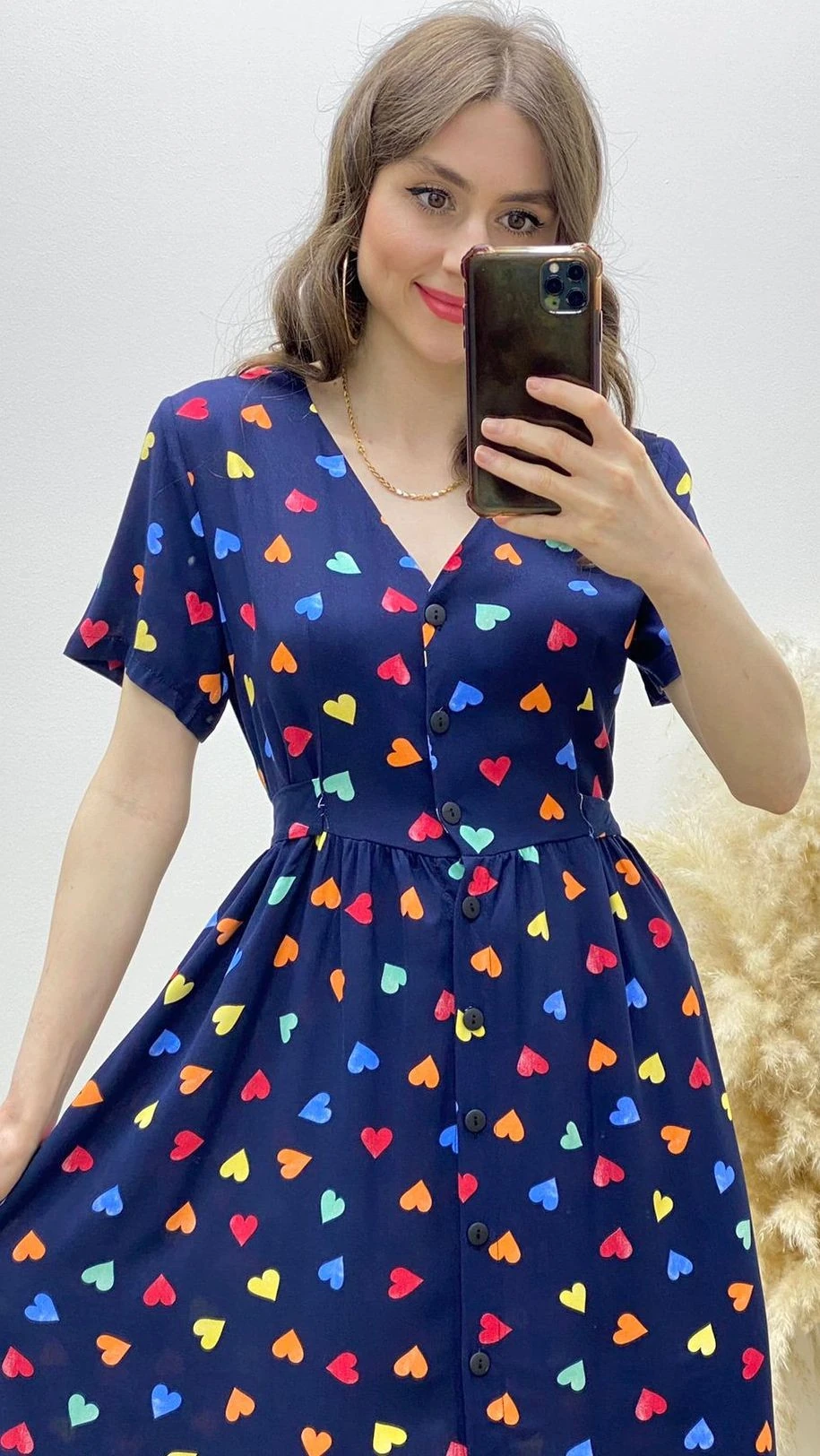 Renkli Kalpli Viskon Elbise Lacivert