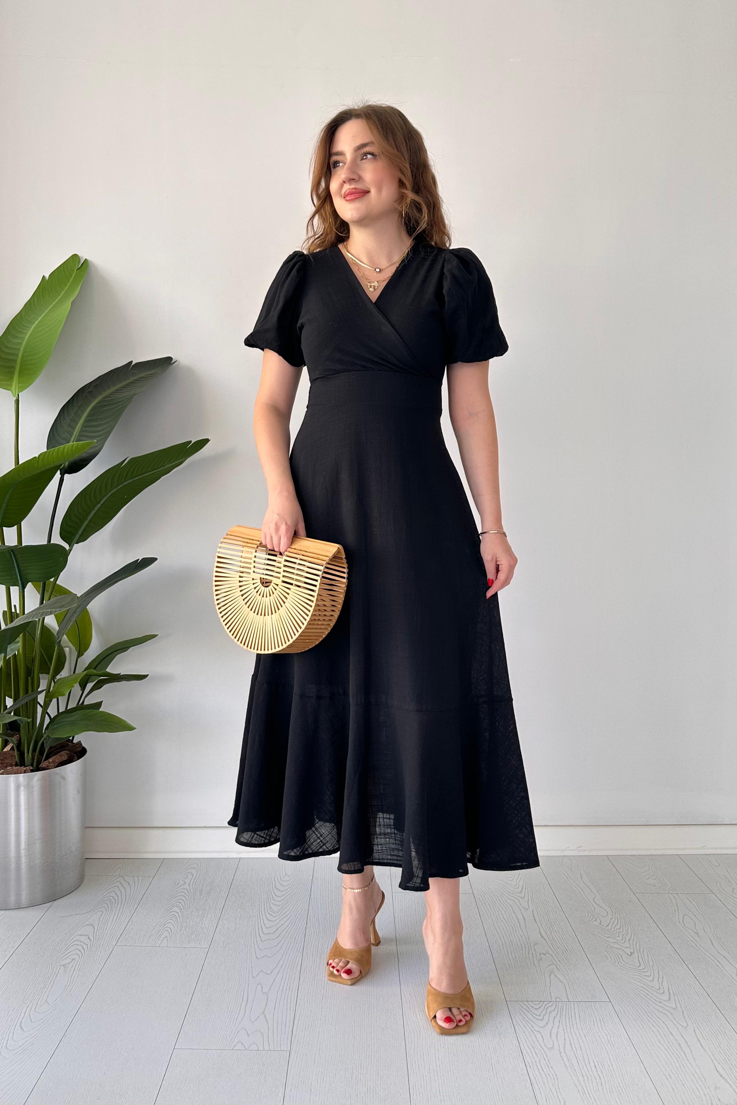 Eteği Volan Keten Elbise