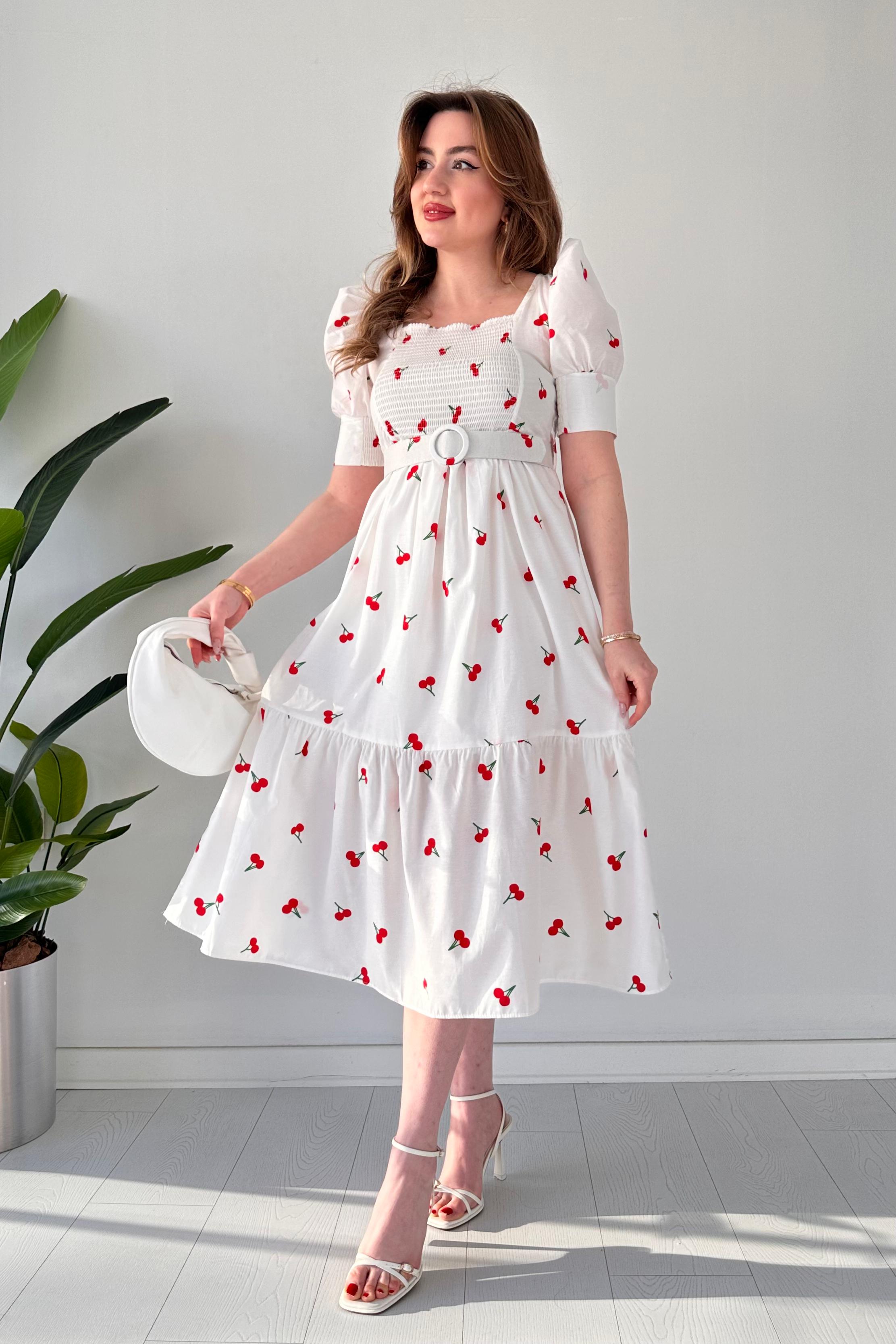 Kirazlı Astarlı Poplin Elbise